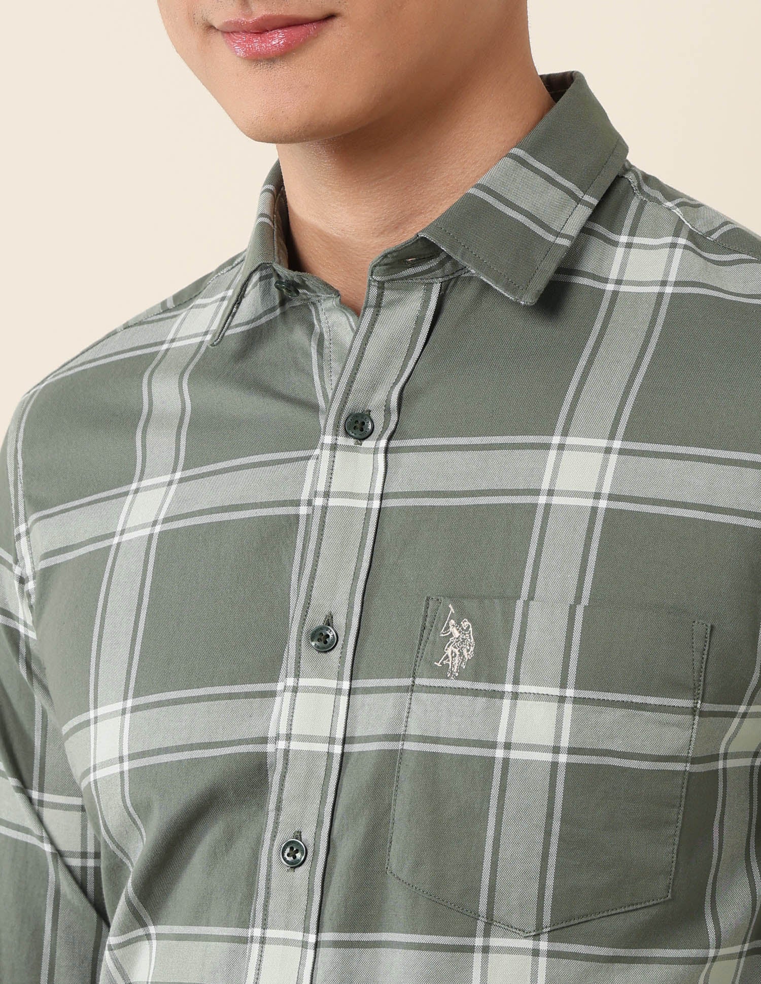 Grid Tattersall Checked Pure Cotton Shirt Light Olive - U.S. Polo Assn. India | Large