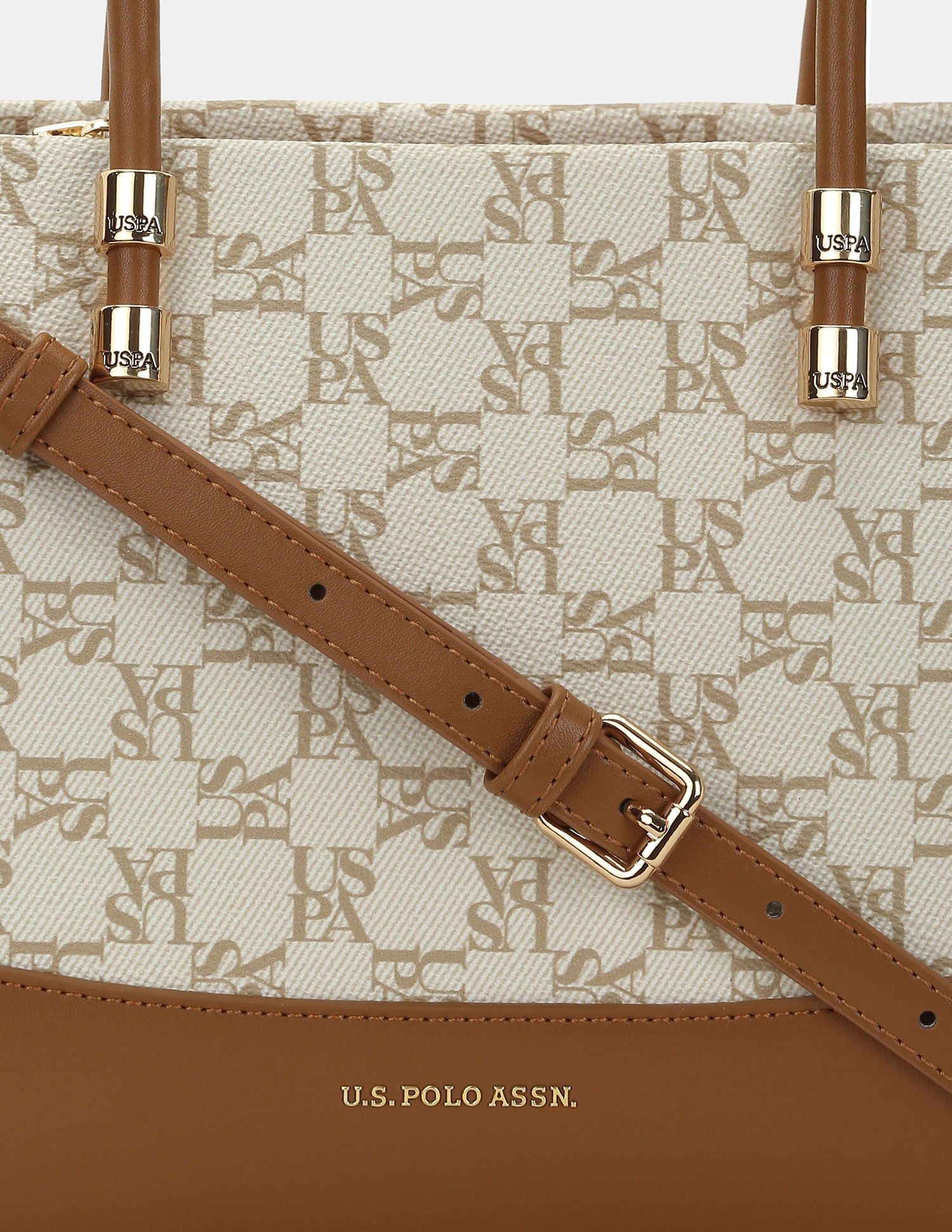 Women Bijou Monogram Satchel Bag With Convertible Strap Beige - U.S. POLO ASSN. | Large