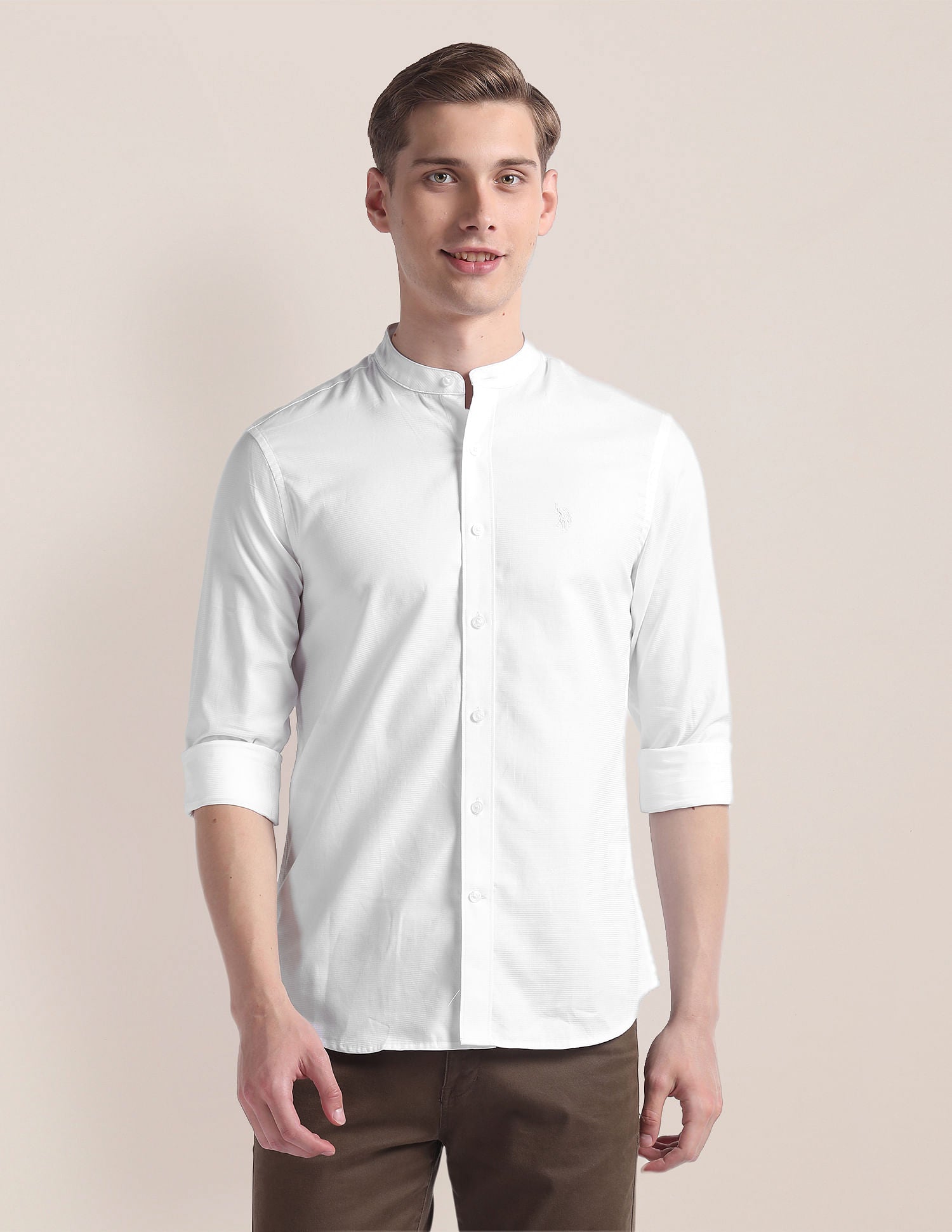 Mandarin Collar Cotton Shirt White - U.S. Polo Assn. India | Large