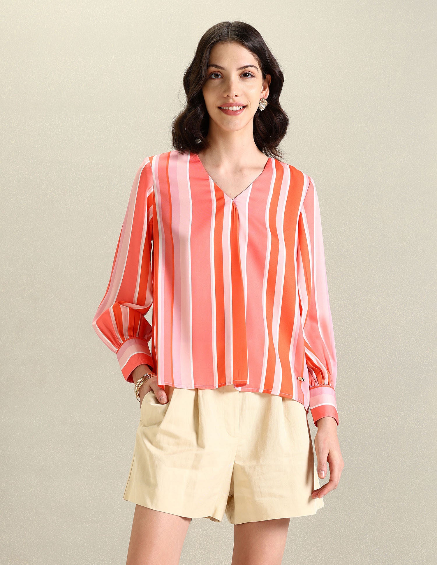 Vertical Stripe V-Neck Top Peach and Orange - U.S. Polo Assn. India | Large