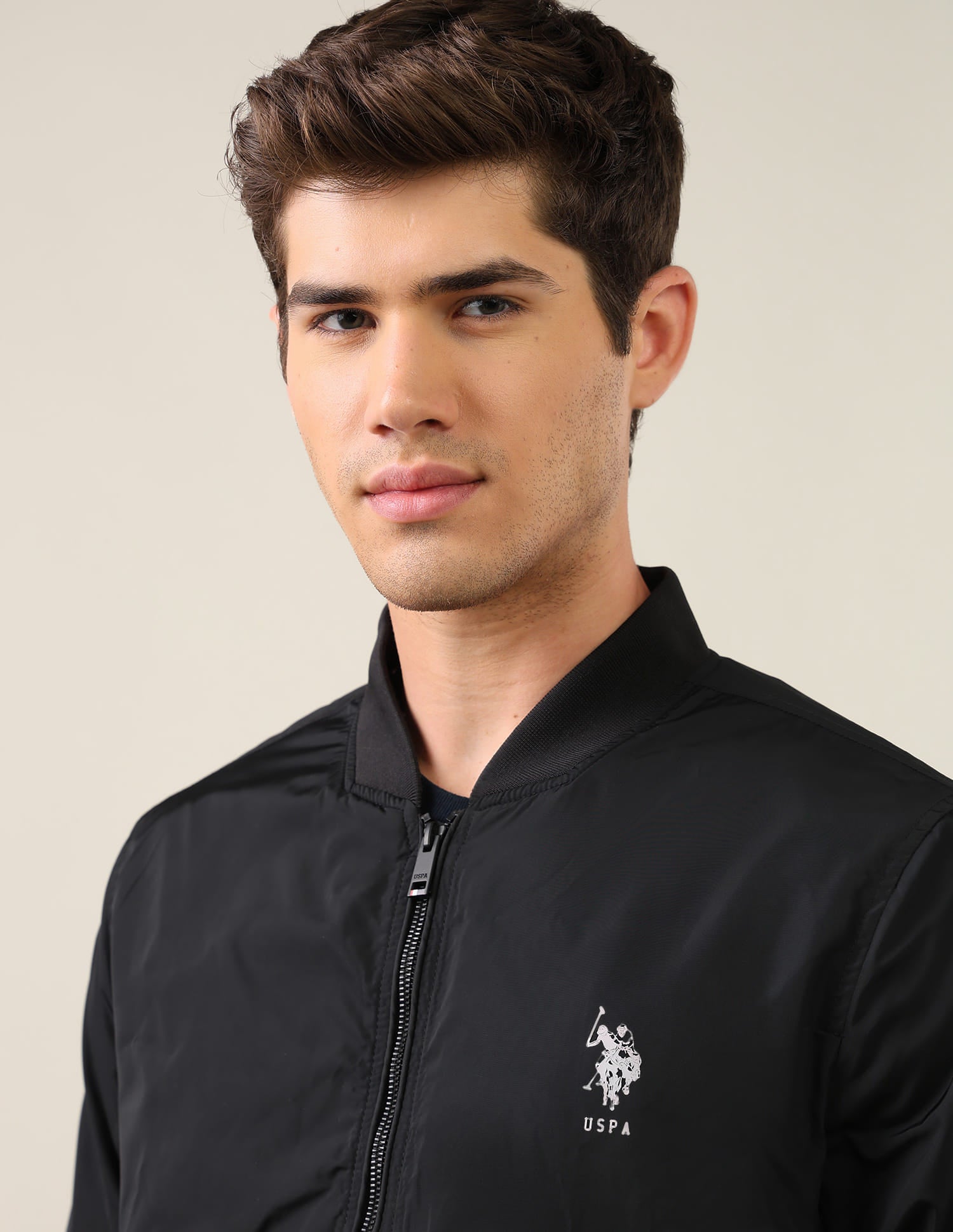 Men Black Solid Stand Collar Bomber Jacket Black - U.S. Polo Assn. India | Large