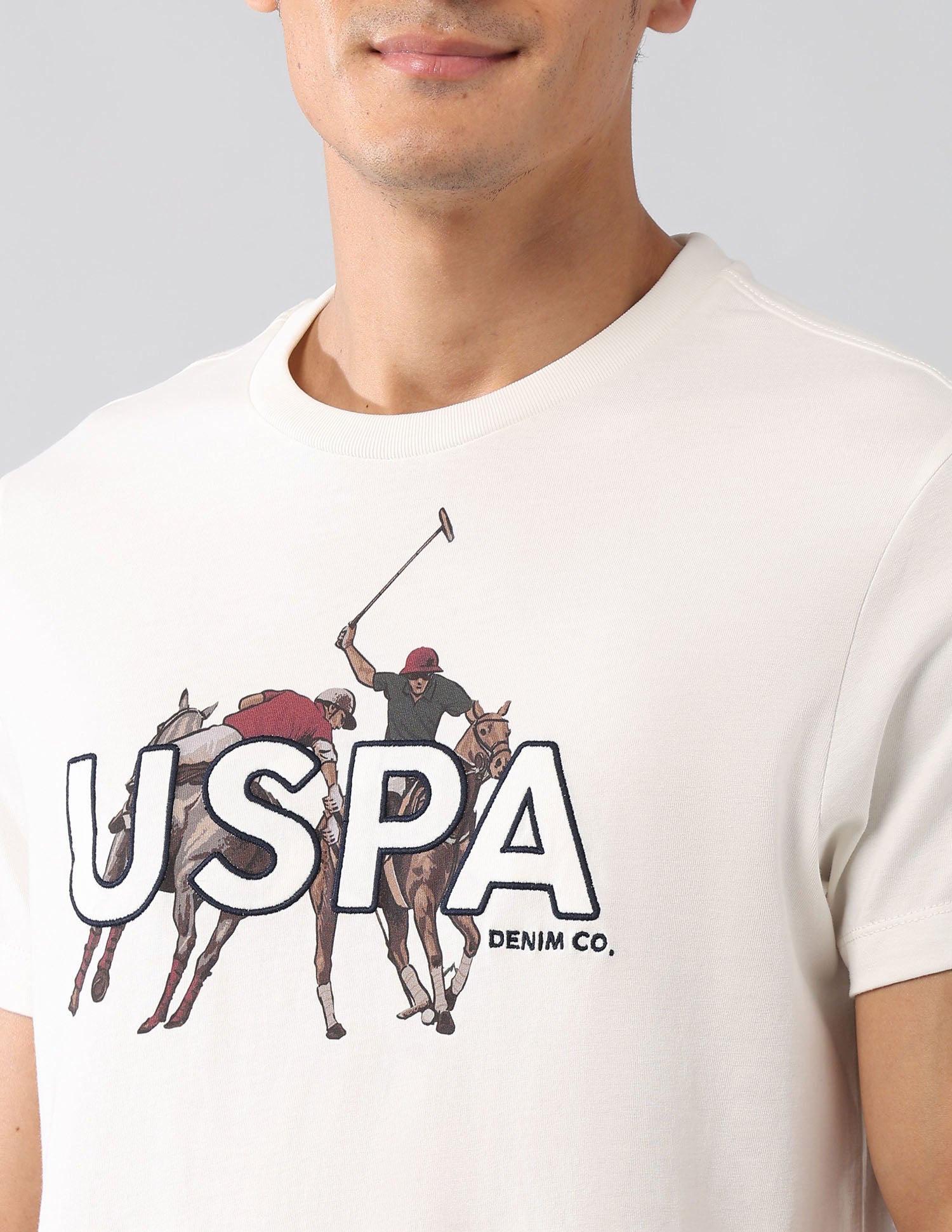 Brand Embroidered Muscle Fit Colligiate T-Shirt Ivory - U.S. Polo Assn. India | Large