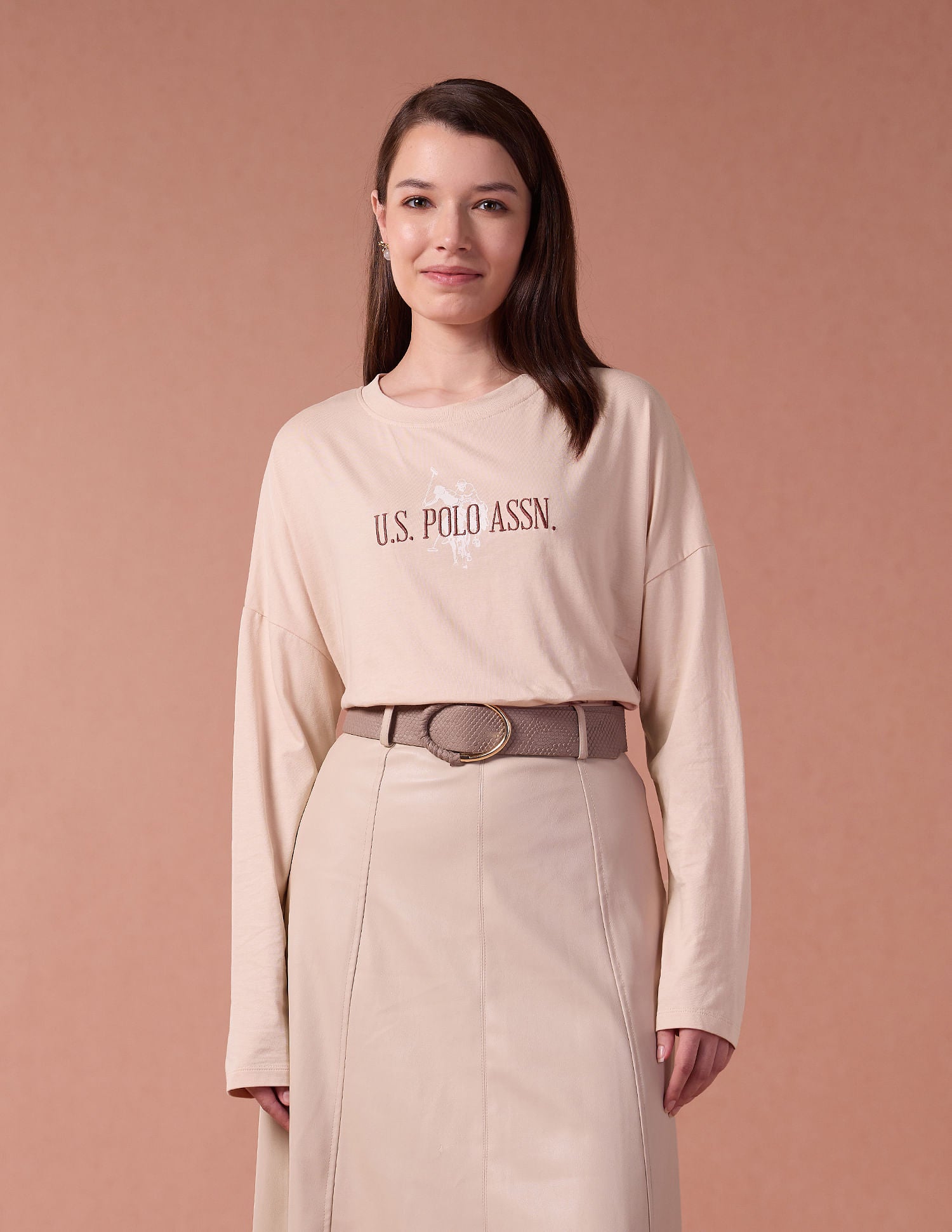 Drop Shoulder Brand Embroidered T-Shirt Beige - U.S. POLO ASSN. | Large
