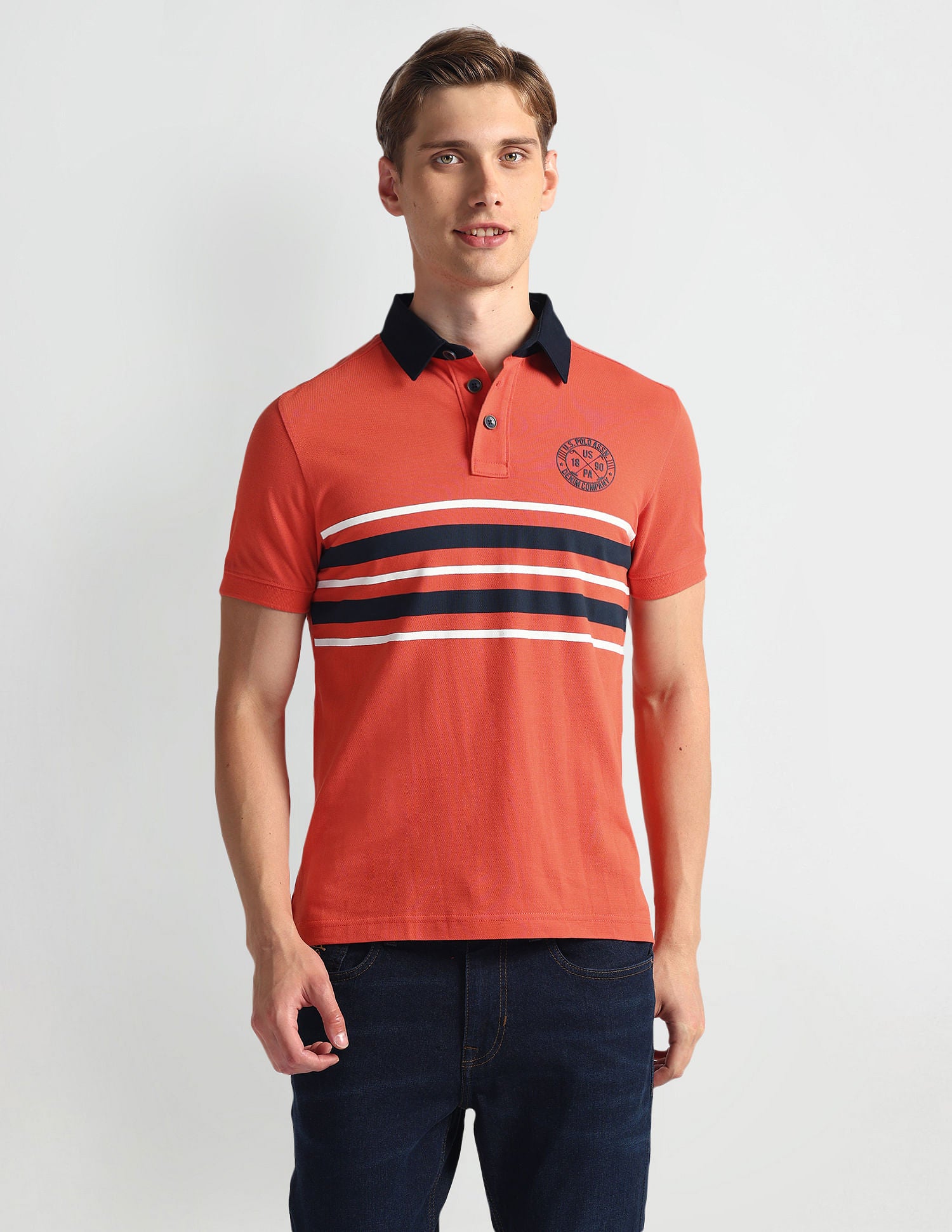 Ribbed Collar Stripe Polo Shirt Coral - U.S. Polo Assn. India | Large