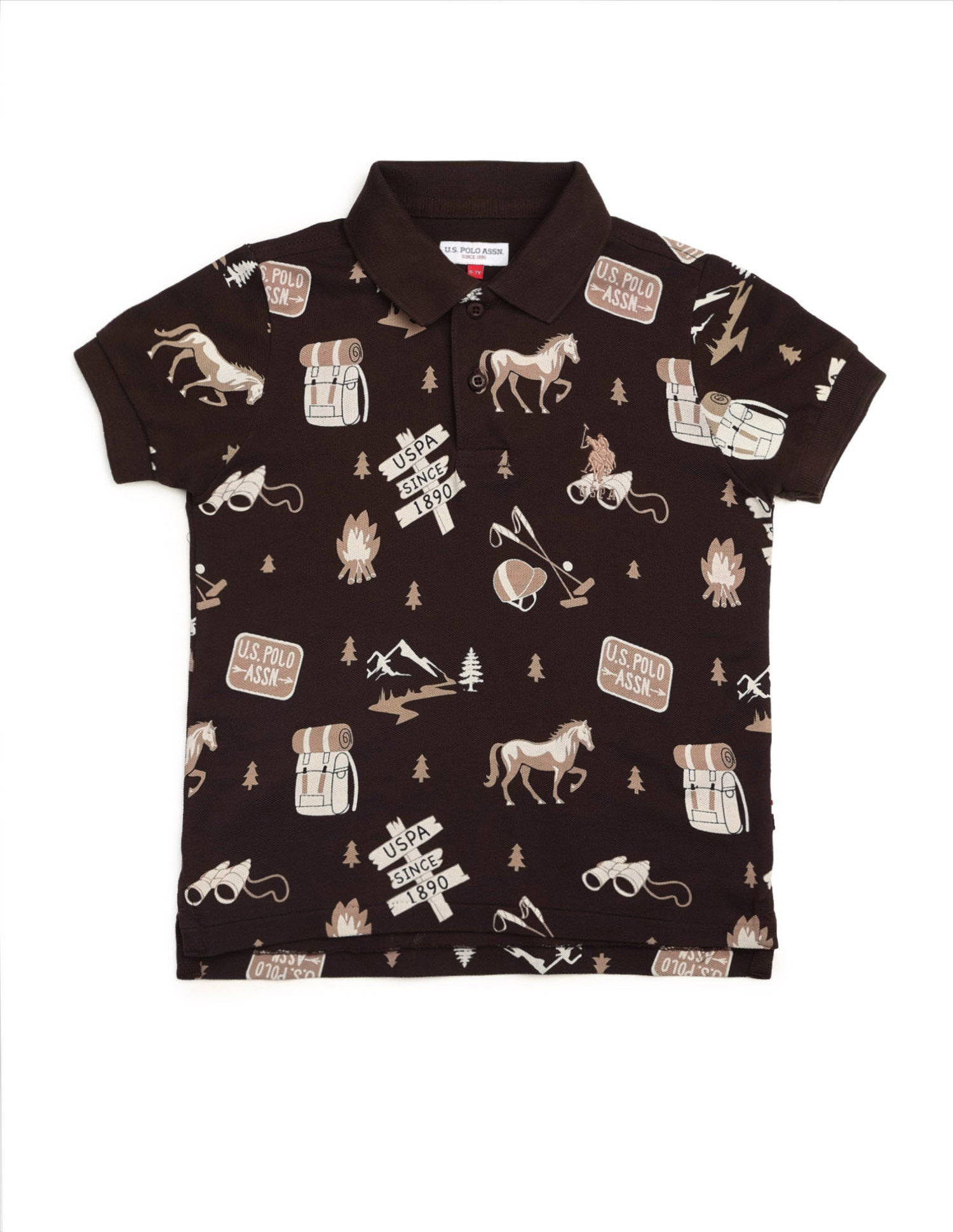 Boys All Over Printed Pure Cotton Polo Shirt Dark Brown - U.S. POLO ASSN. | Large