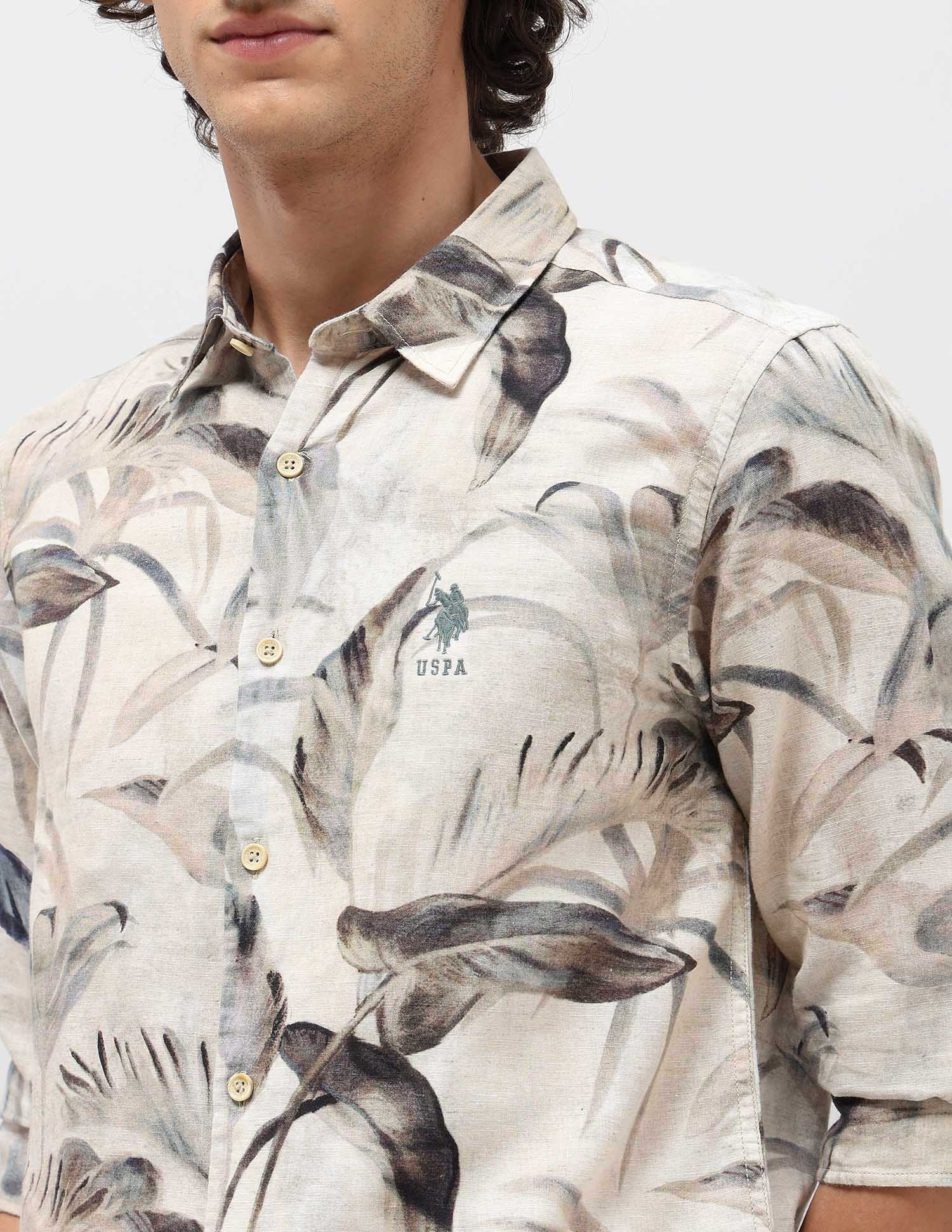 Tropical Printed Regular Fit Shirt Beige - U.S. POLO ASSN. | Large