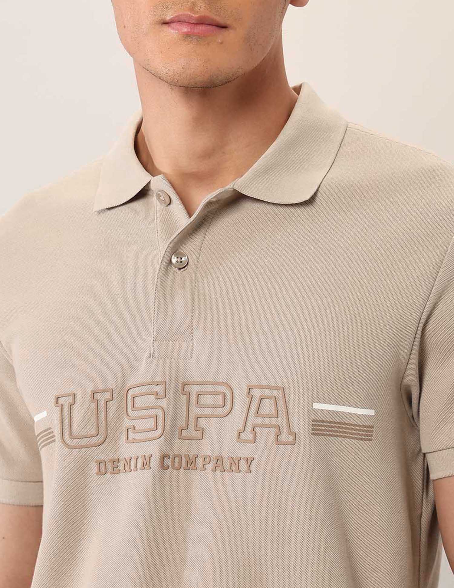 Brand Embossed Muscle Fit Polo Shirt Beige - U.S. Polo Assn. India | Large
