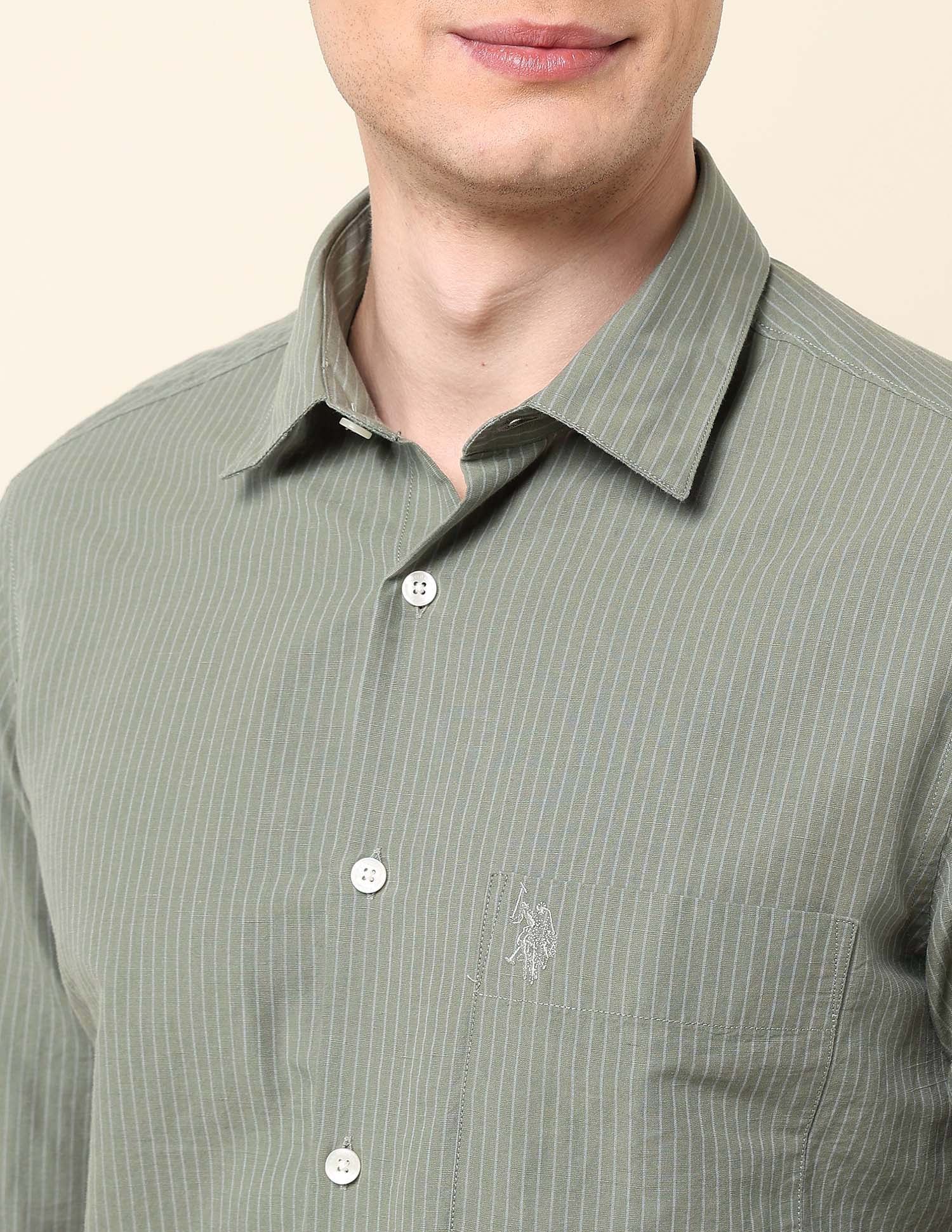 Pinstriped Tailored Fit Shirt Light Green - U.S. Polo Assn. India | Large