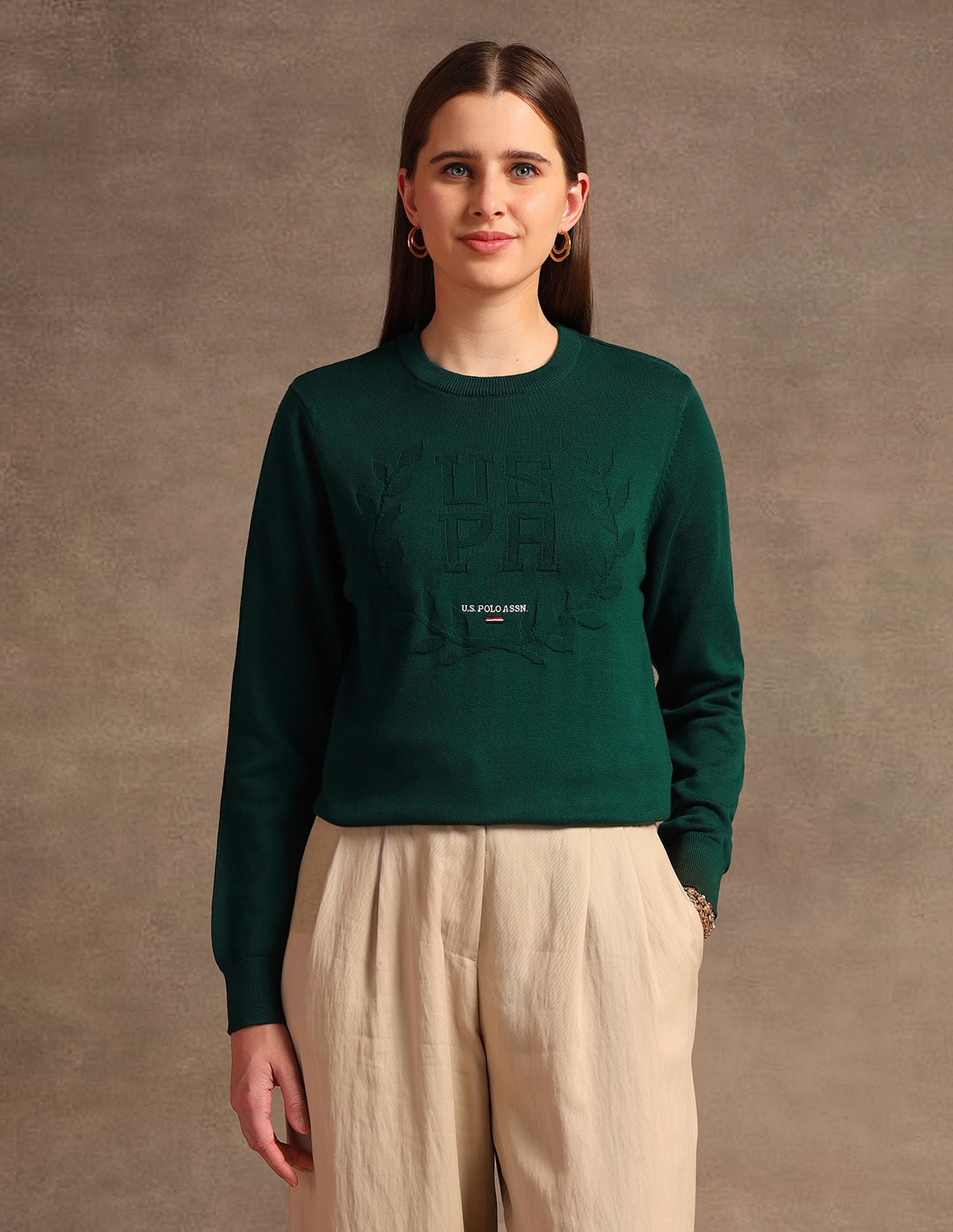 Crest Logo Regular Fit Sweater Green - U.S. POLO ASSN. | Large