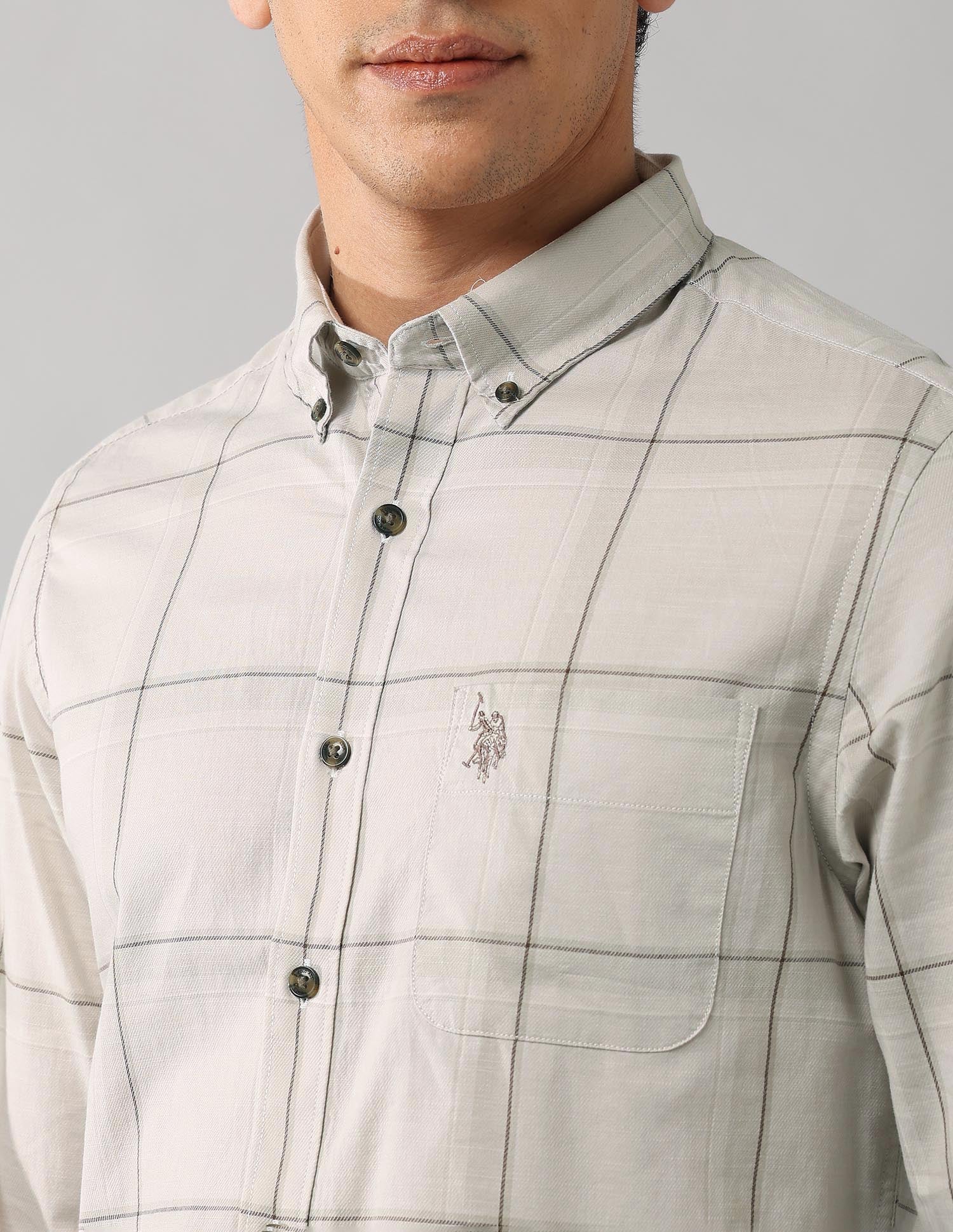 Regular Fit Windowpane Checked Shirt Khaki - U.S. Polo Assn. India | Large