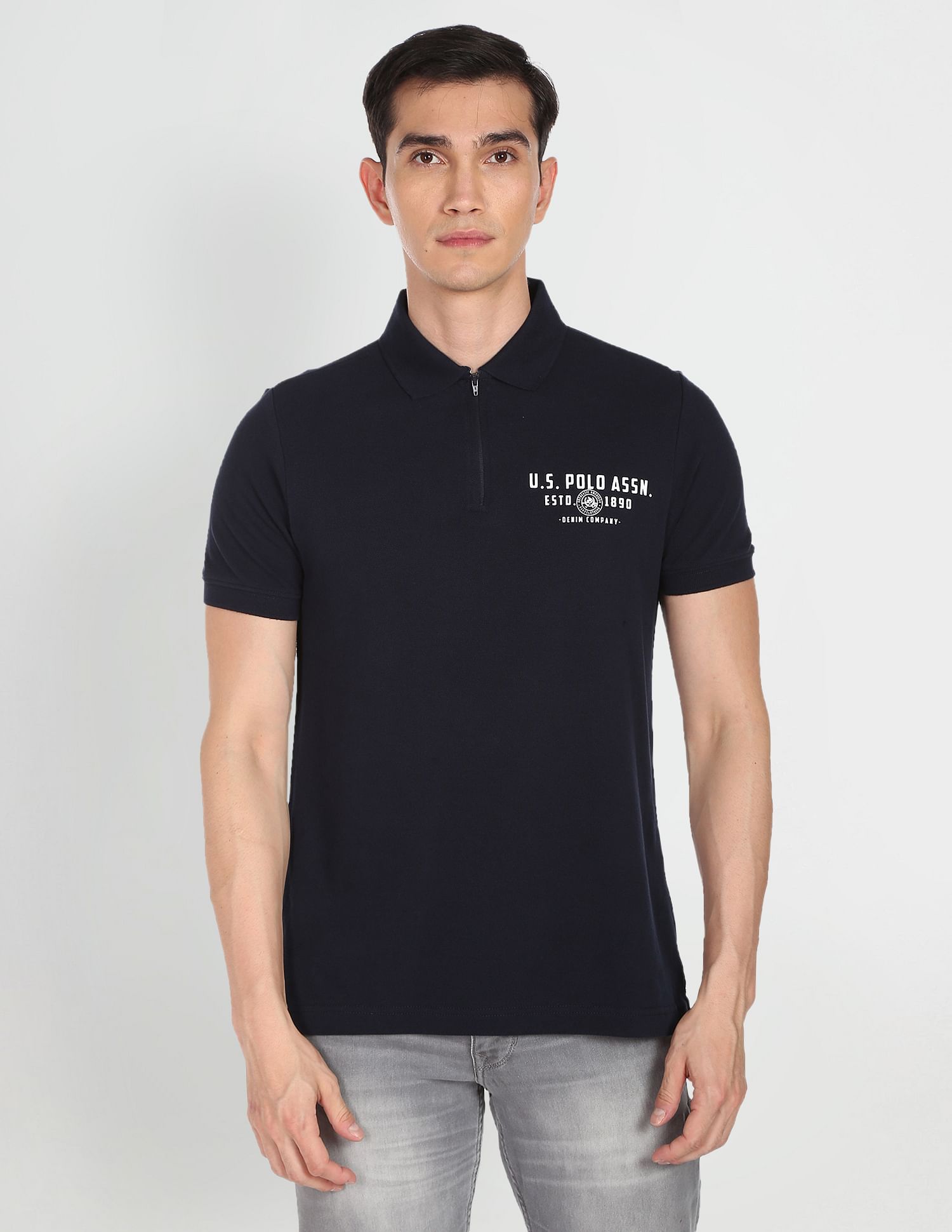 Ribbed Collar Pique Solid Cotton Polo Shirt Navy - U.S. Polo Assn. India | Large