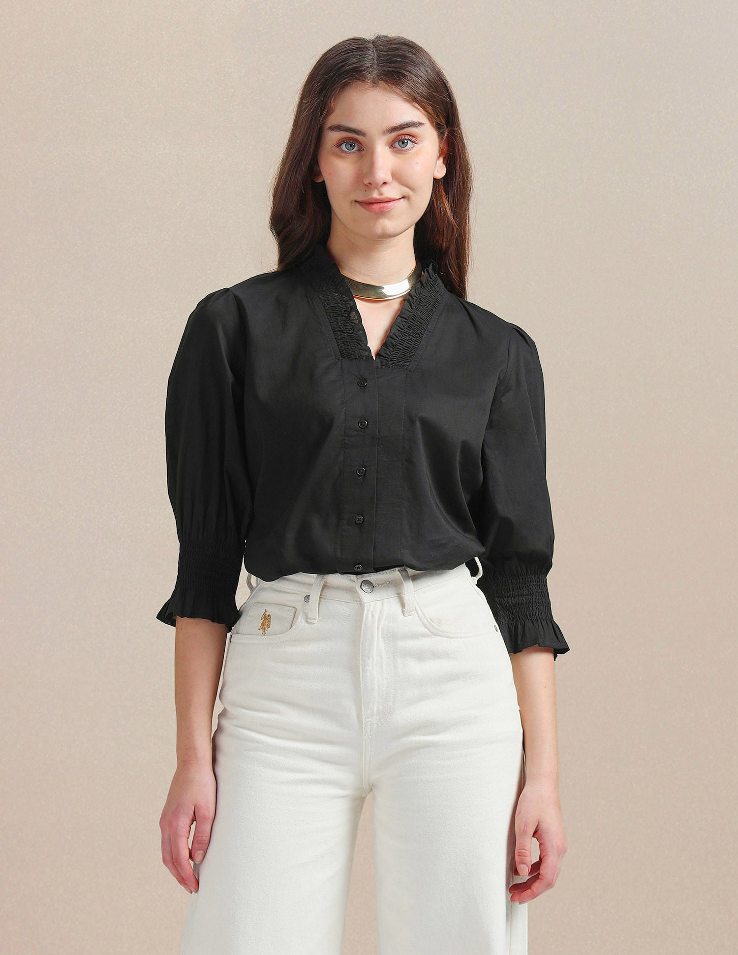 Ruffled V-Neck Cotton Top Off-White - U.S. POLO ASSN. | Large