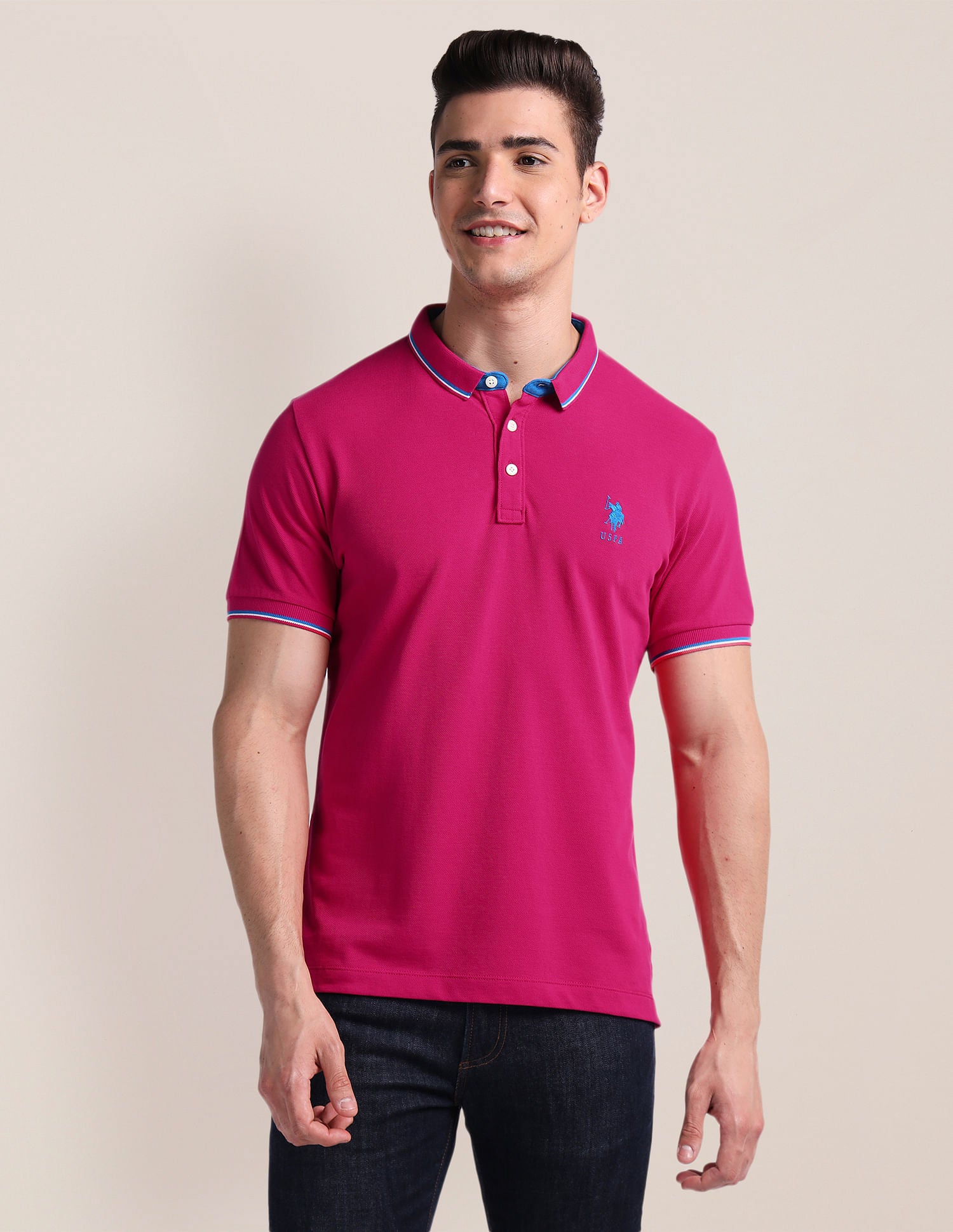 Slim Fit Solid Polo Shirt Pink - U.S. Polo Assn. India | Large