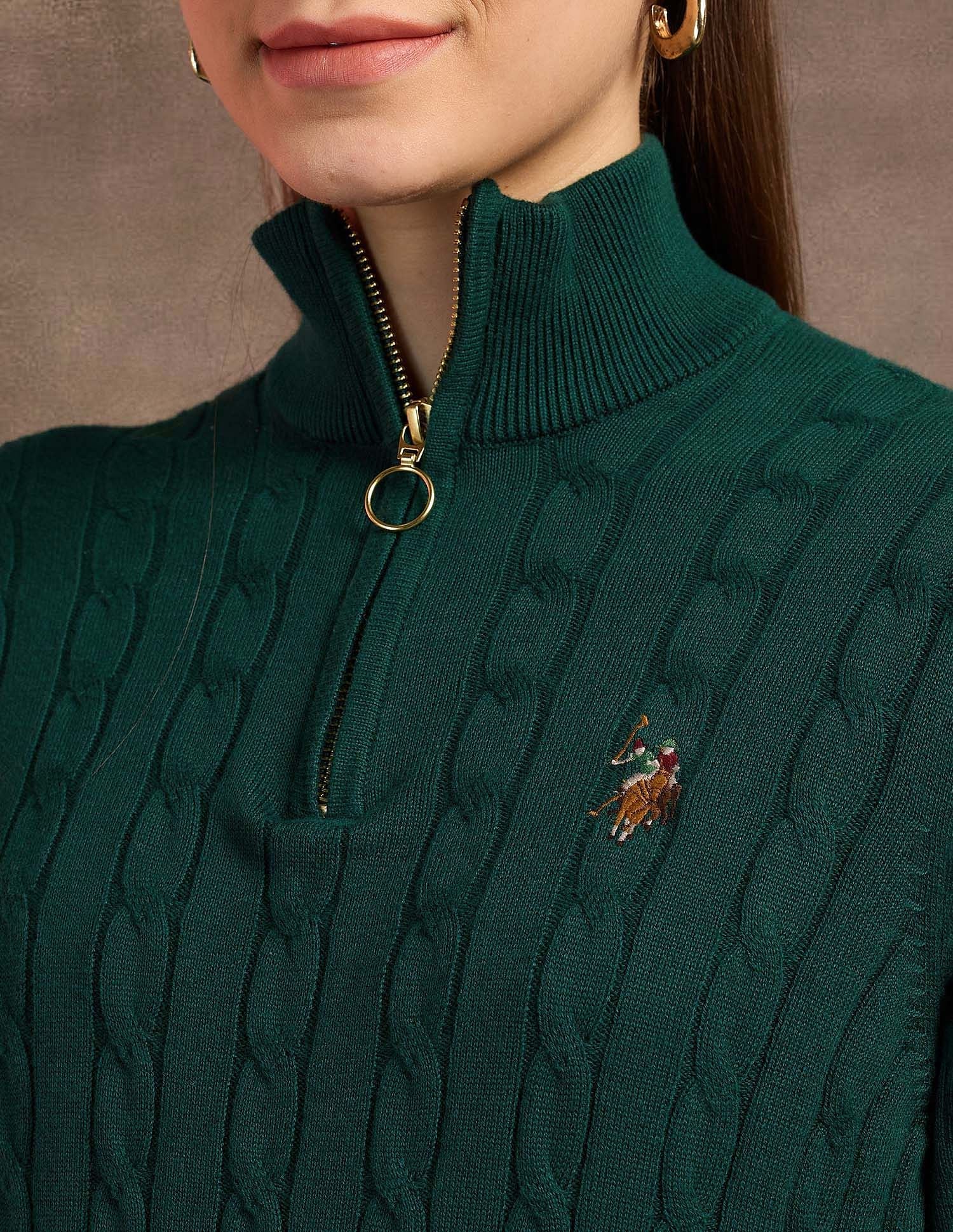 High Neck Cable Knit Sweater Green - U.S. Polo Assn. India | Large