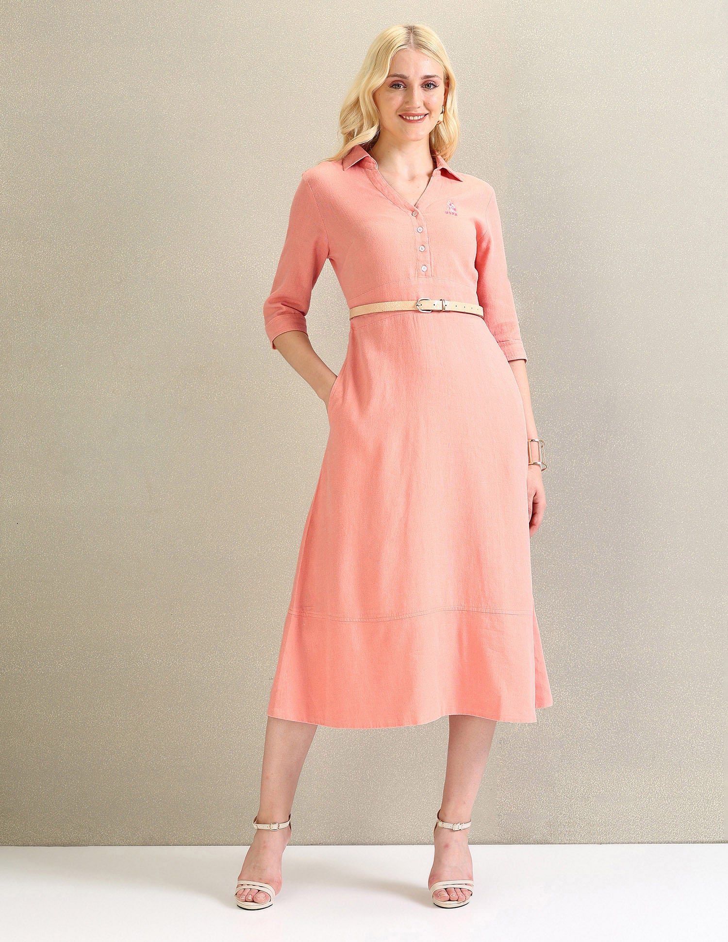 Solid Linen Viscose A-Line Dress Coral - U.S. Polo Assn. India | Large
