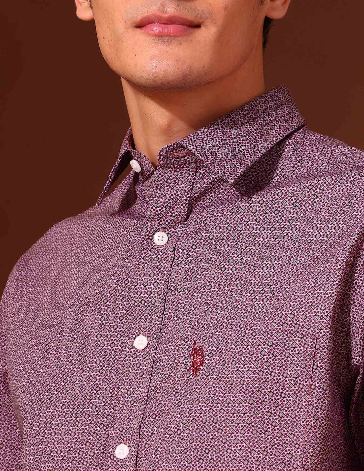 Floral Printed Tailored Fit Shirt Dark Pink - U.S. Polo Assn. India | Large