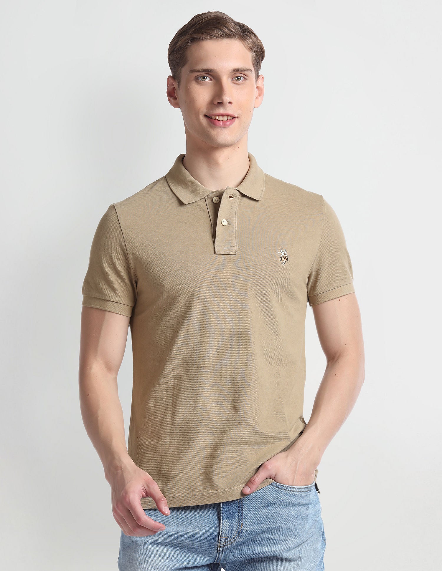 Solid Cotton Muscle Fit Polo Shirt Beige - U.S. Polo Assn. India | Large