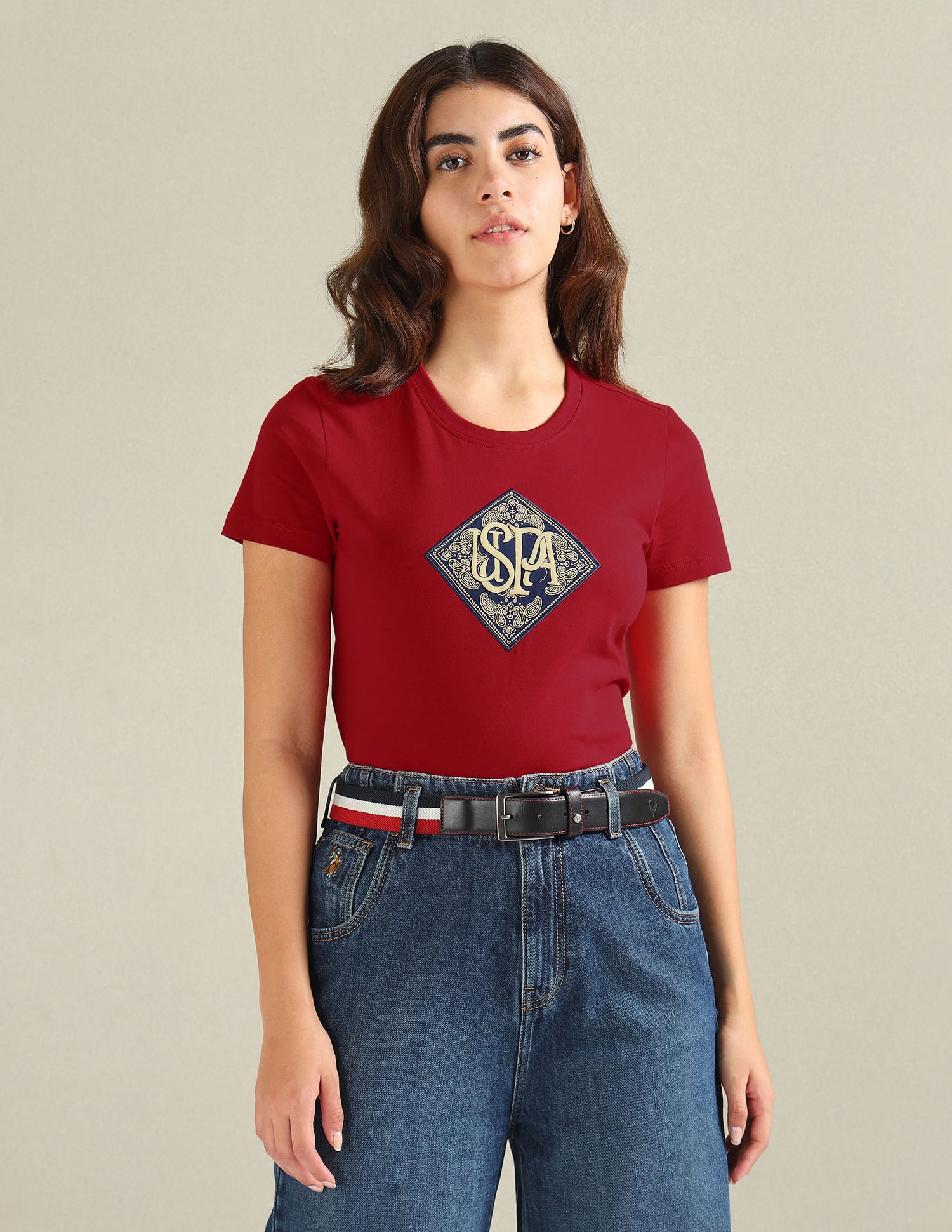 Patchwork Logo Cotton T-Shirt Maroon - U.S. POLO ASSN. | Large