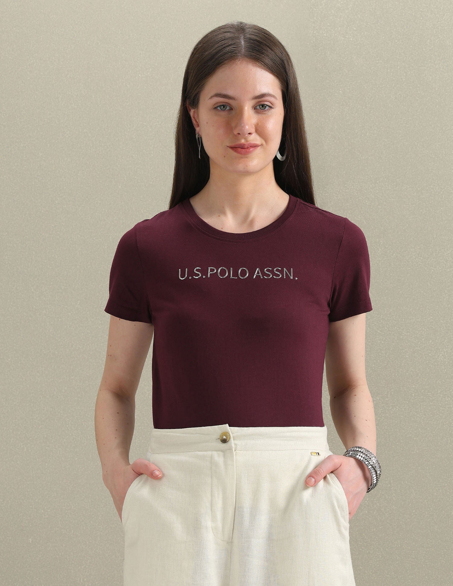 Metallic Logo Pure Cotton T-Shirt Maroon - U.S. POLO ASSN. | Large