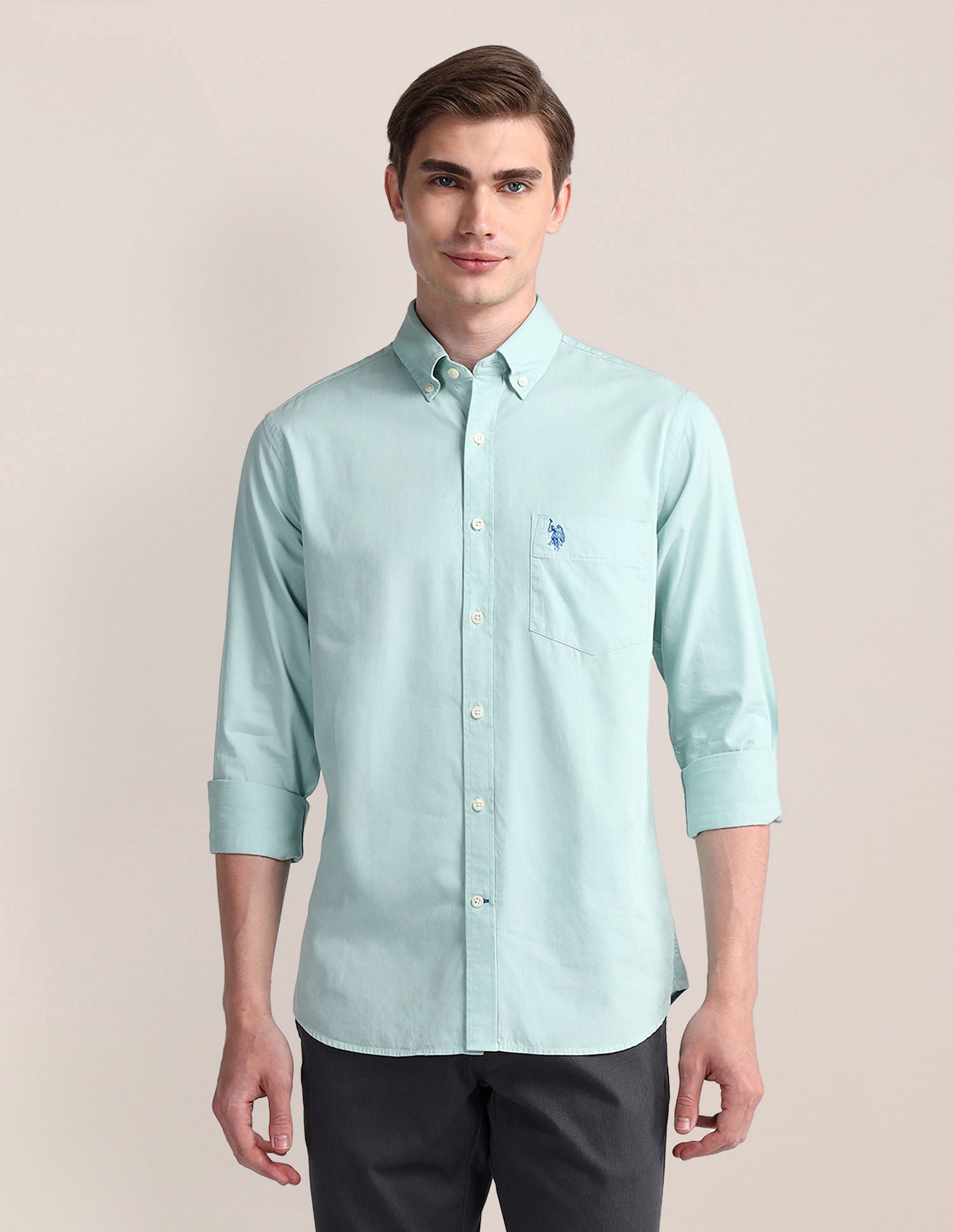 Tailored Fit Cotton Twill Shirt Light Green - U.S. POLO ASSN. | Large