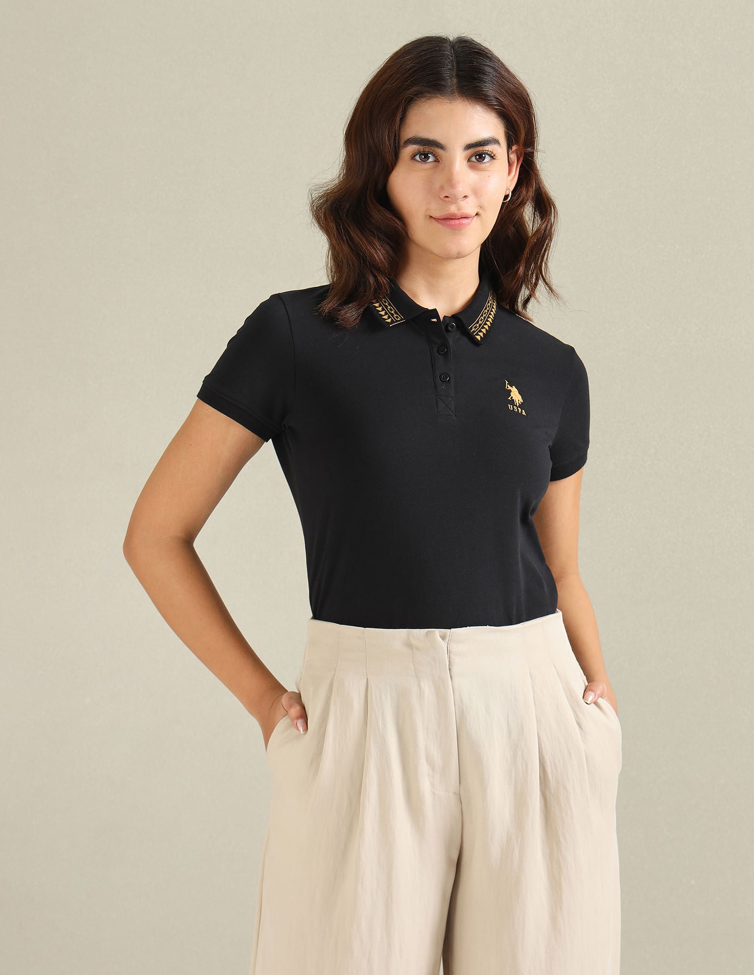 Geometric Detail Pique Polo Shirt Black - U.S. POLO ASSN. | Large