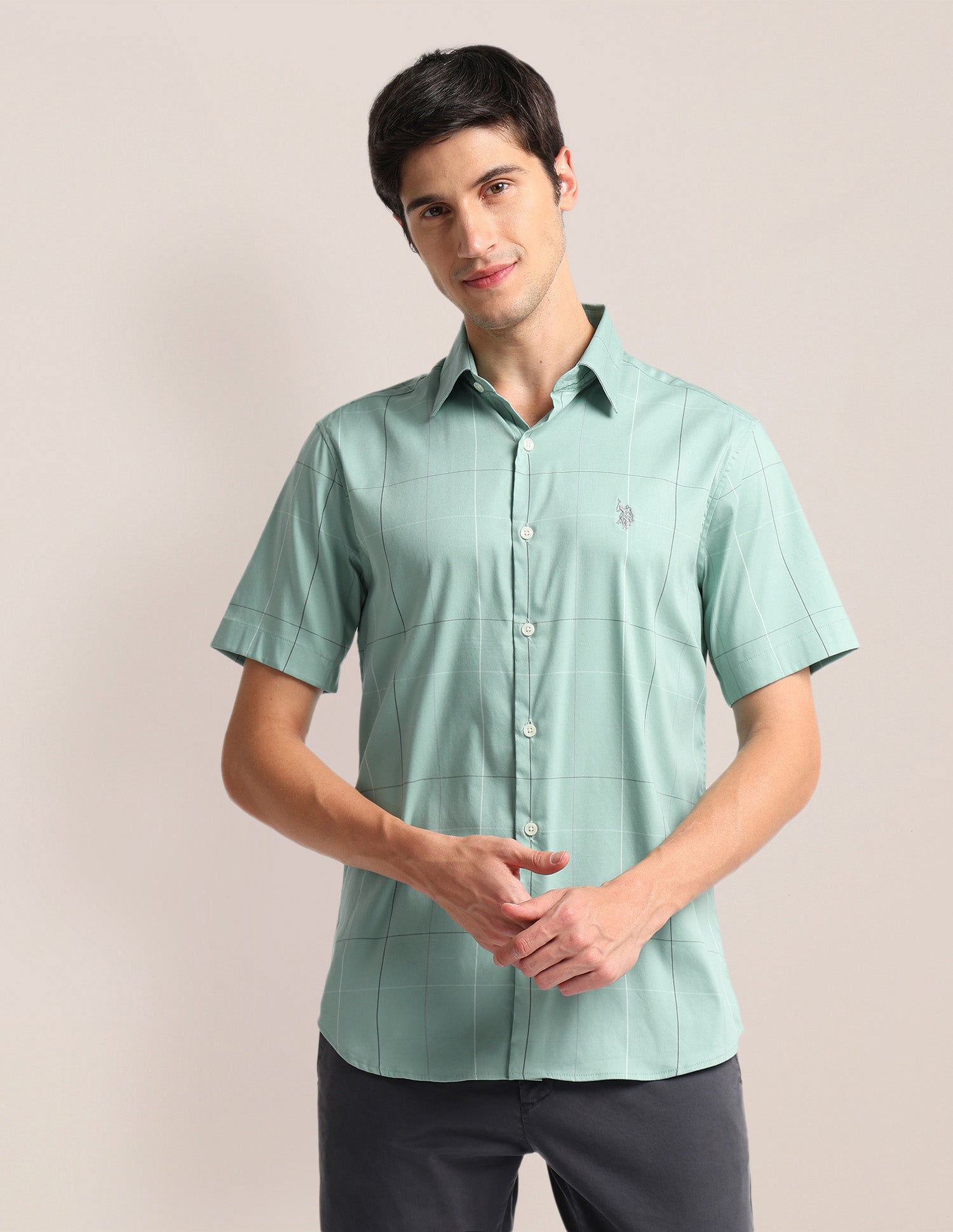Windowpane Check Tailored Fit Shirt Green - U.S. Polo Assn. India | Large