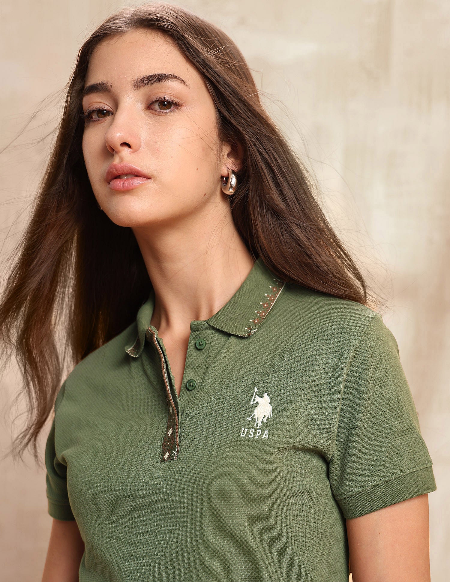 Jacquard Collar Textured Polo Shirt Olive - U.S. POLO ASSN. | Large