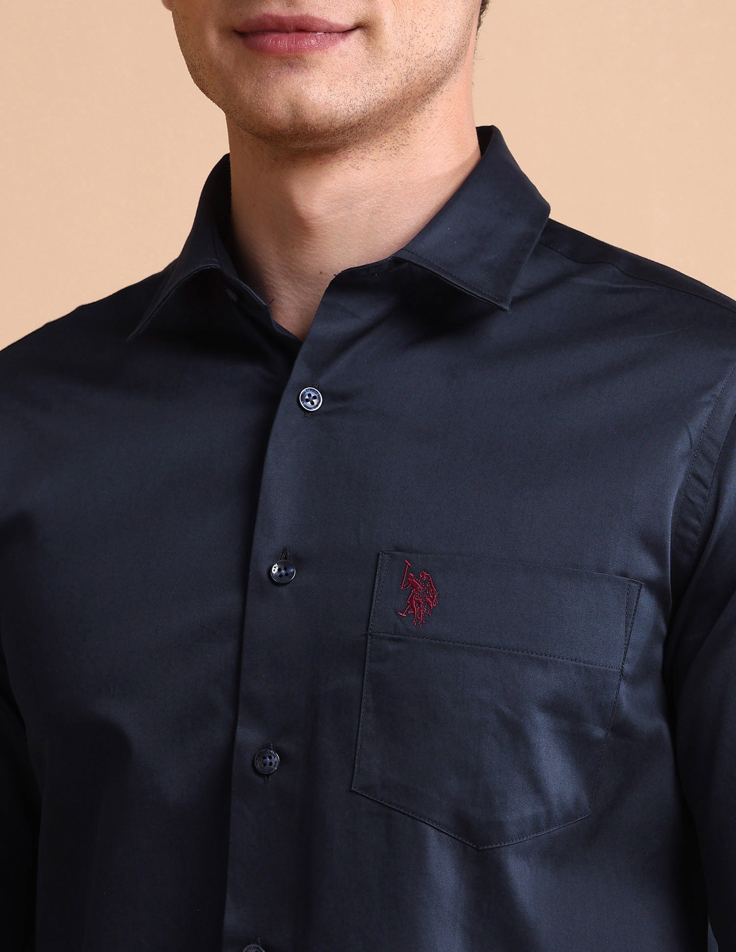 Solid Tailored Fit Satin Shirt Navy - U.S. POLO ASSN. | Large