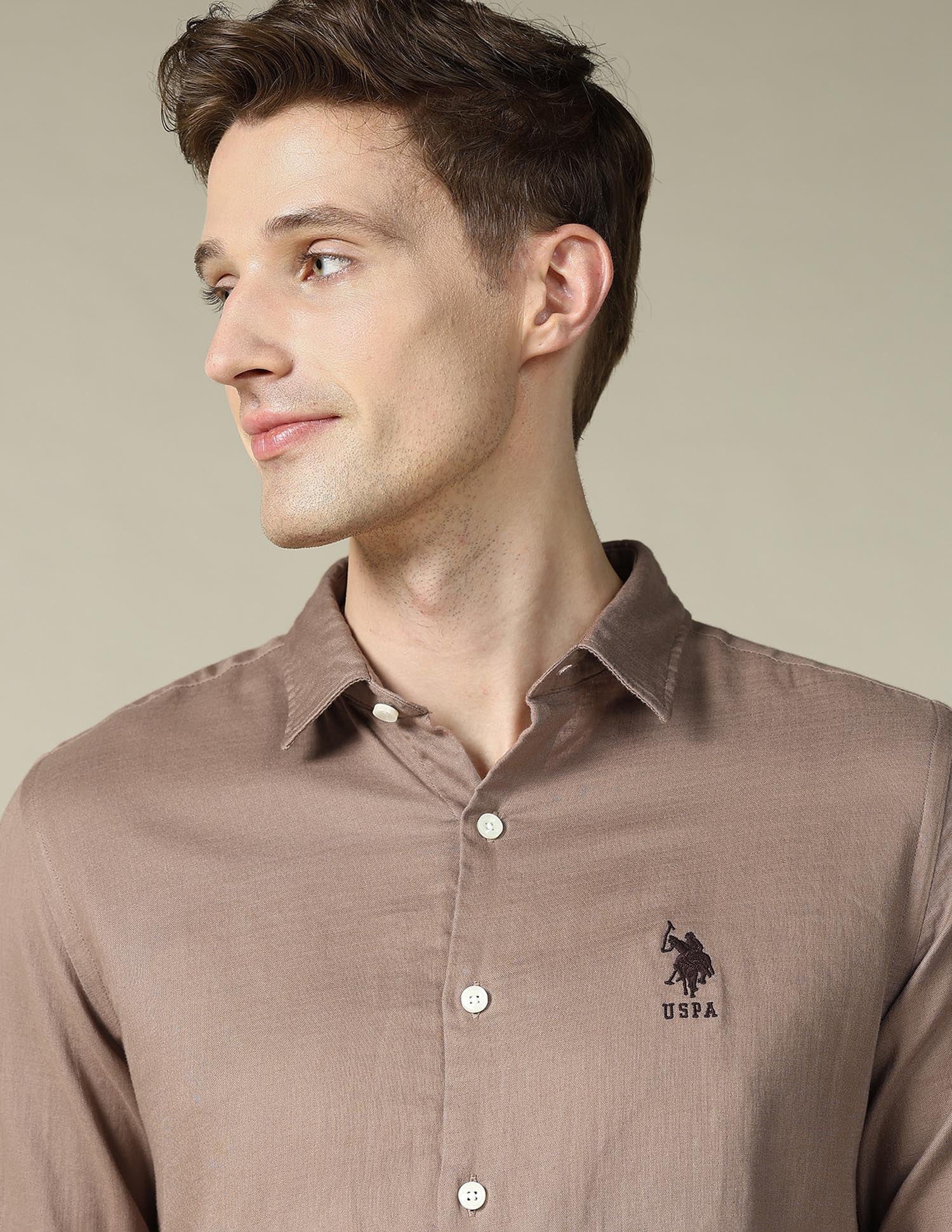 Dobby Regular Fit Shirt Light Khaki - U.S. POLO ASSN. | Large