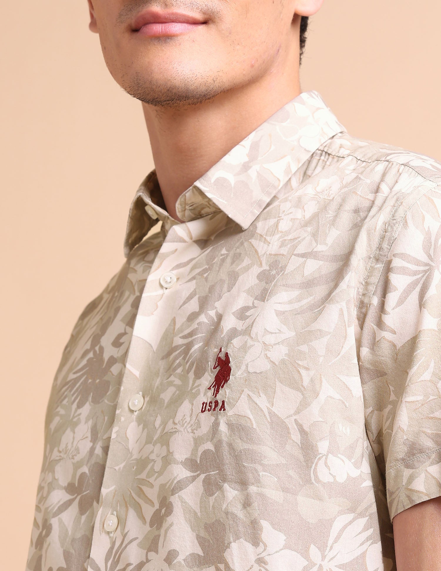 Manhattan Slim Fit Floral Printed Shirt Khaki - U.S. POLO ASSN. | Large