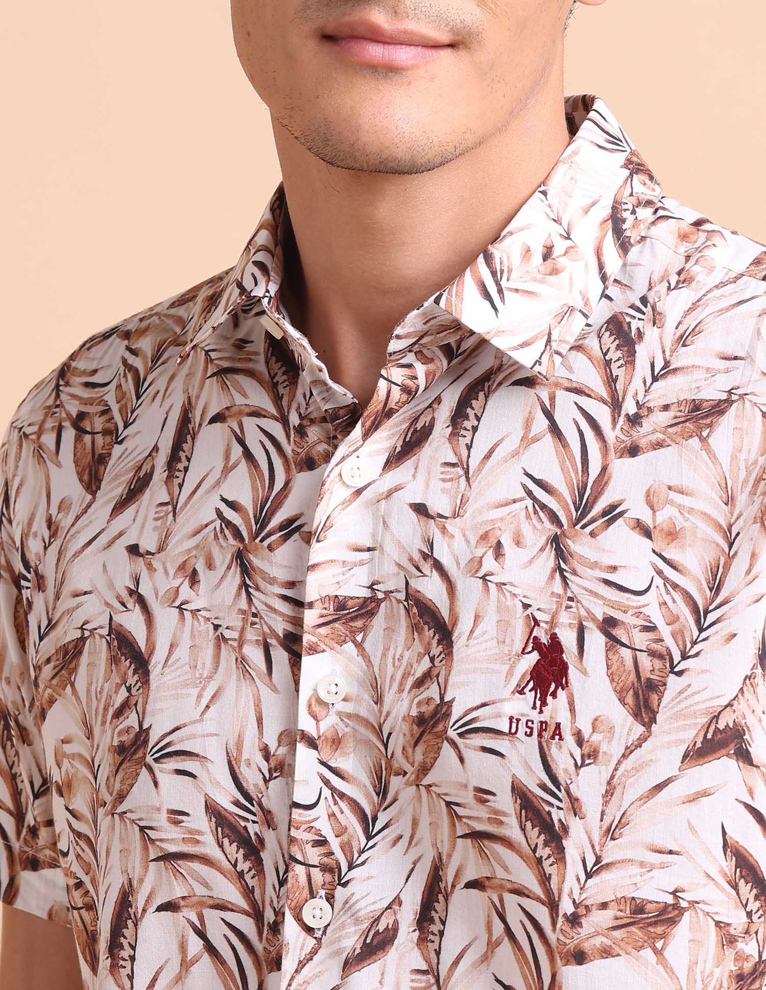 Slim Fit Tropical Printed Shirt Brown - U.S. POLO ASSN. | Large