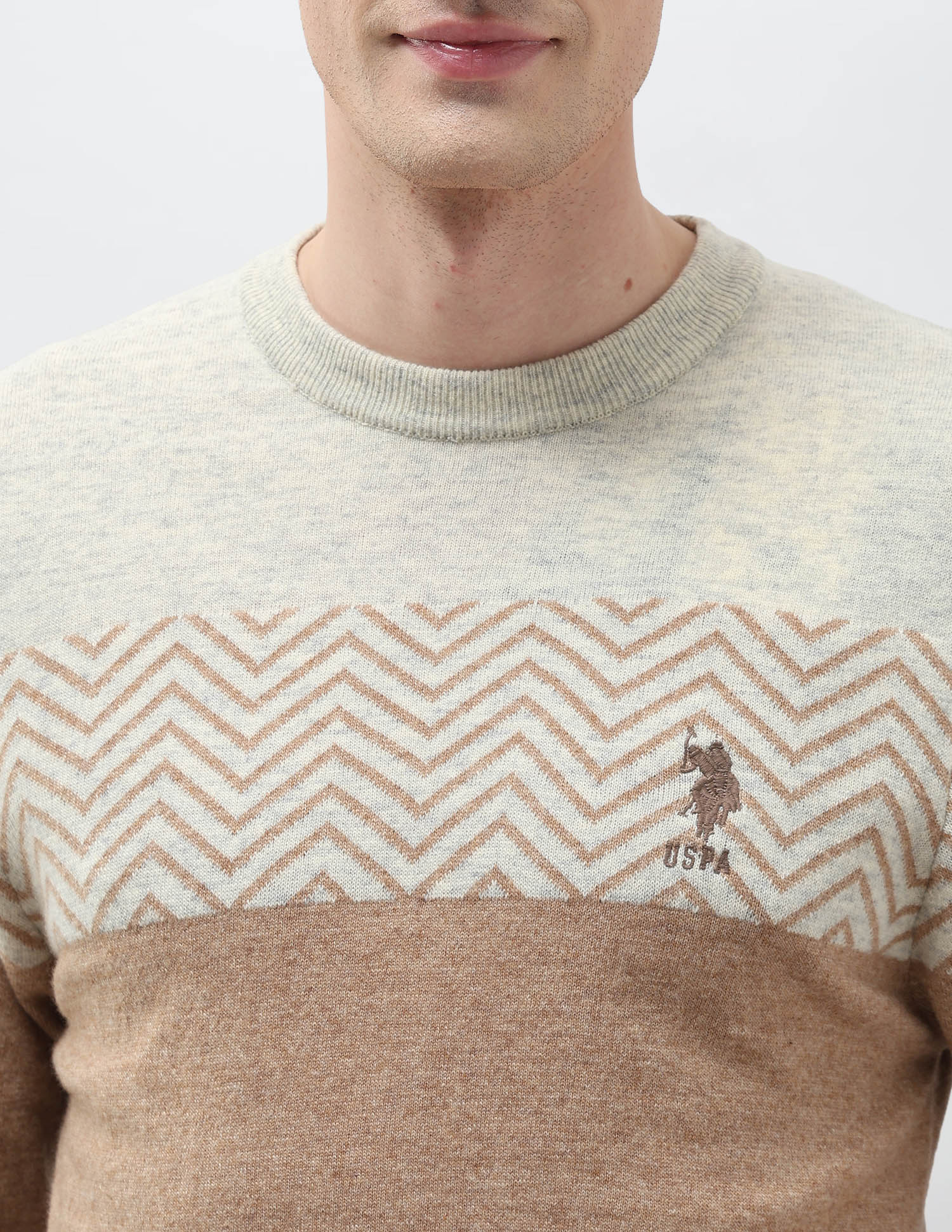 Chevron Patterned Knit Sweater Light Brown - U.S. POLO ASSN. | Large