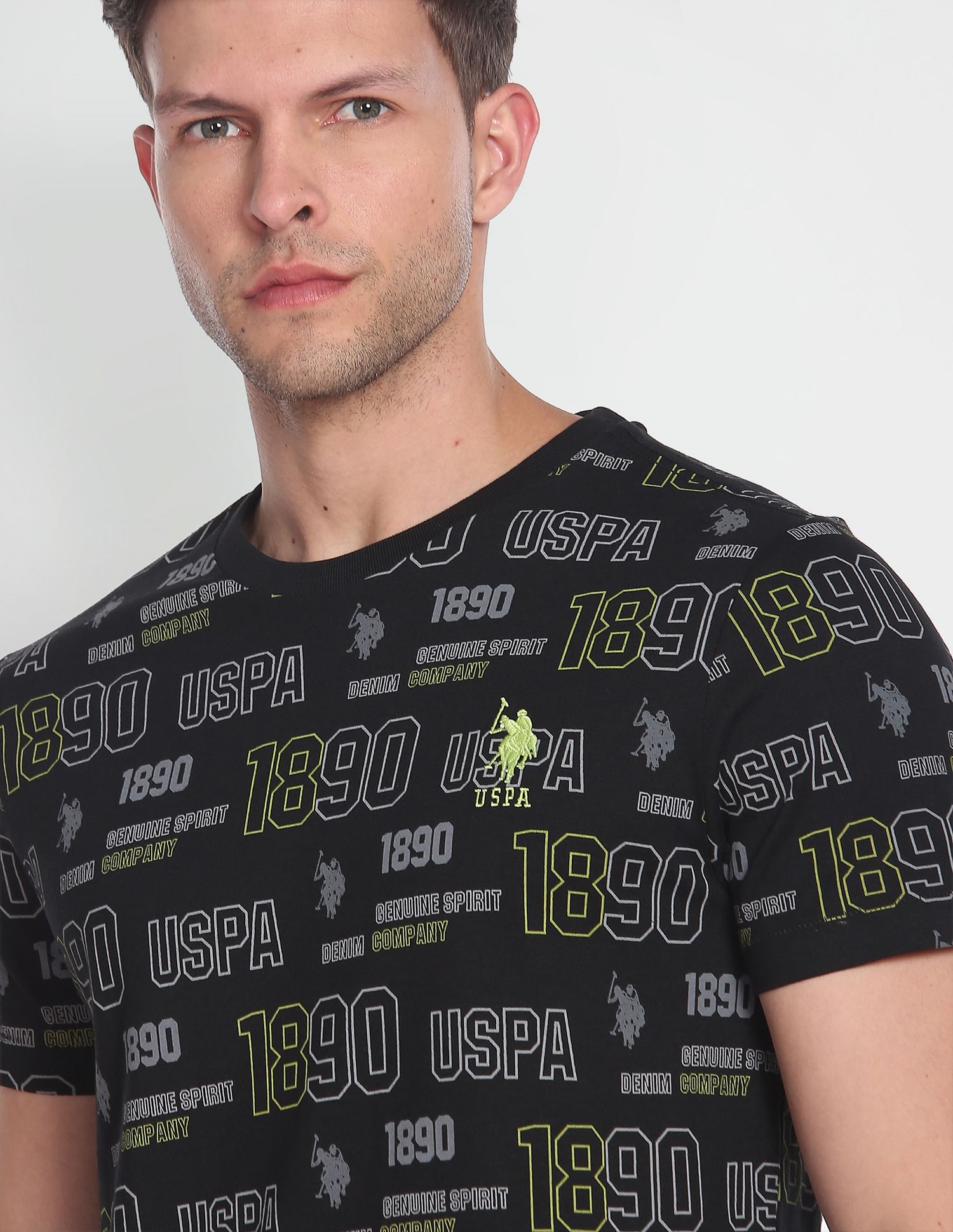 Iconic All Over Brand Print T-Shirt Black - U.S. Polo Assn. India | Large