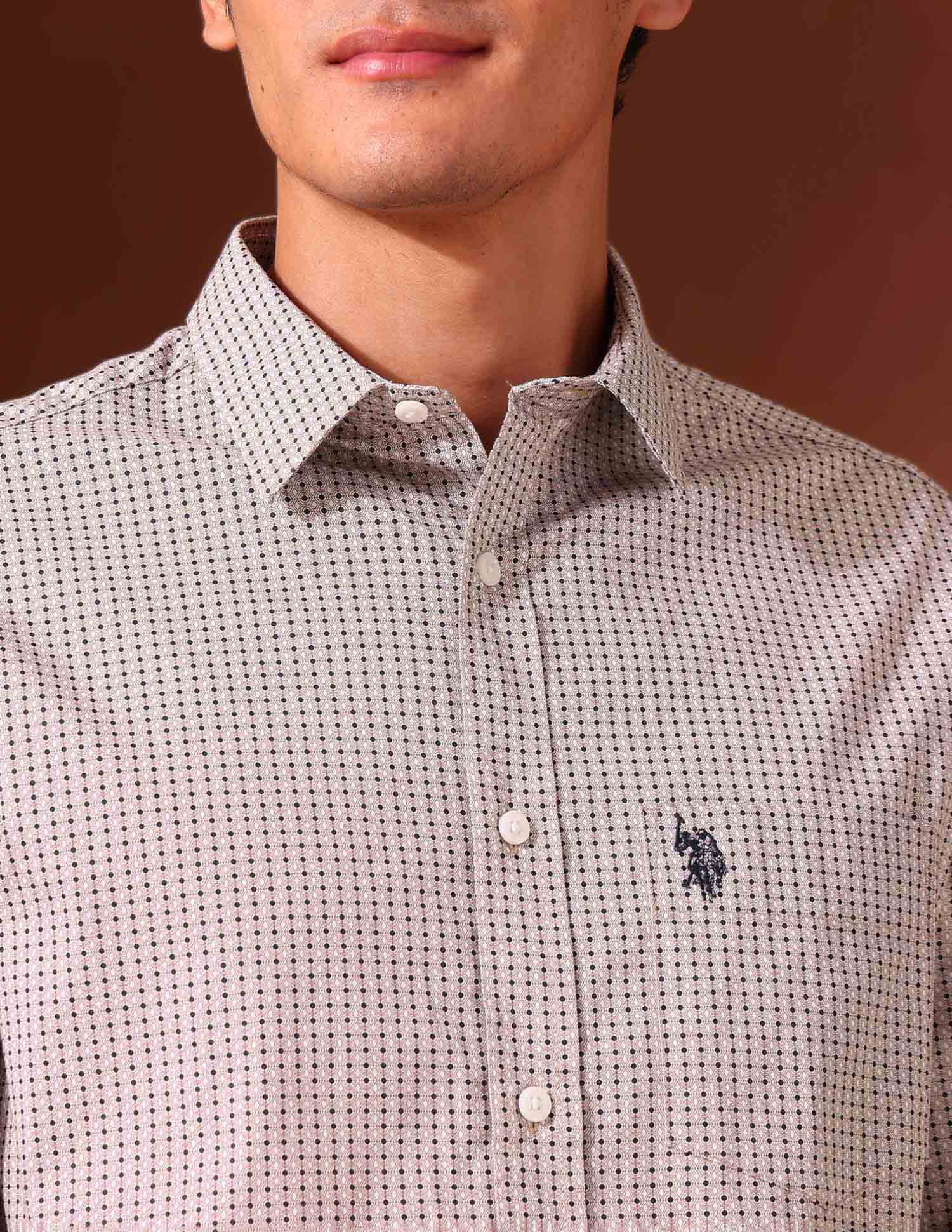 Geometric Printed Tailored Fit Shirt Beige - U.S. Polo Assn. India | Large