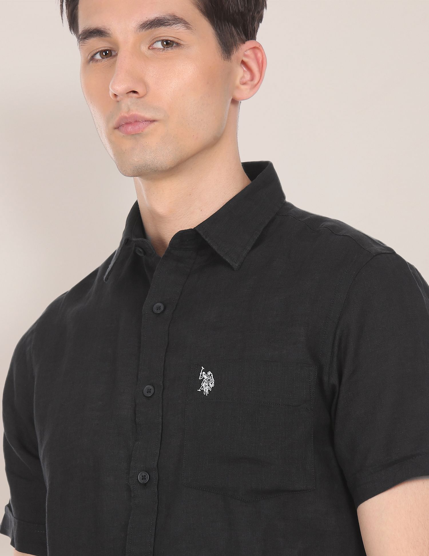 Men Black Short Sleeve Linen Solid Casual Shirt Black - U.S. POLO ASSN. | Large
