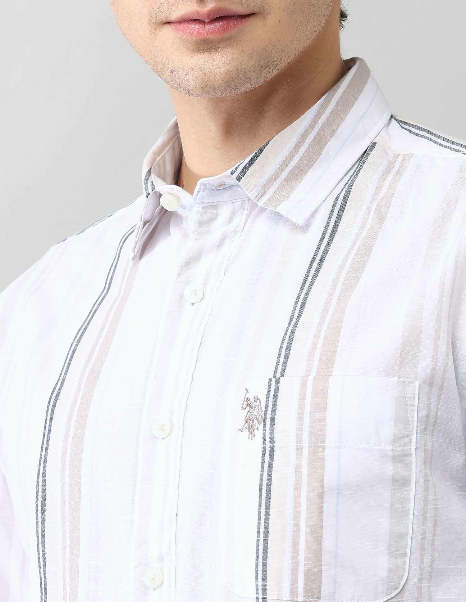 Vertical Striped Regular Fit Poplin Shirt Ivory - U.S. Polo Assn. India | Large
