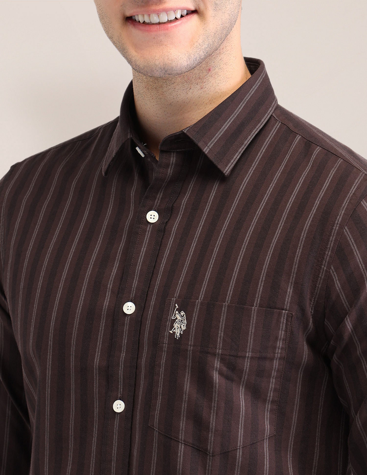 Tailored Fit Oxford Striped Shirt Dark Brown - U.S. POLO ASSN. | Large