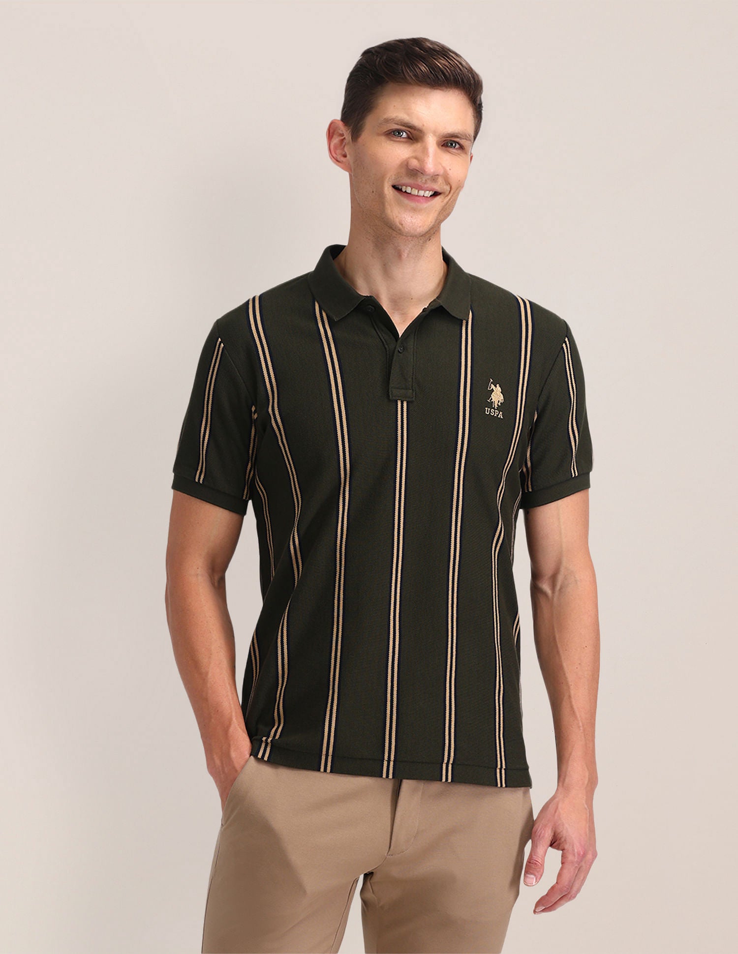 Vertical Striped Slim Polo Shirt Olive - U.S. POLO ASSN. | Large