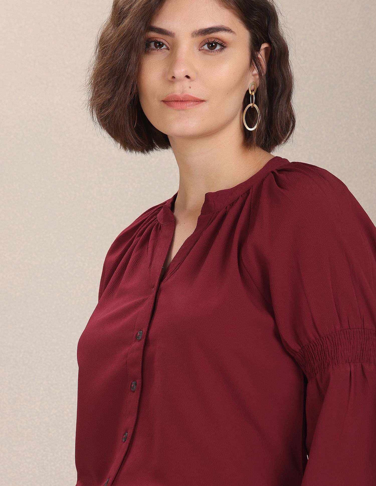 Mandarin Collar Peasant Sleeve Evening Top Rust - U.S. POLO ASSN. | Large