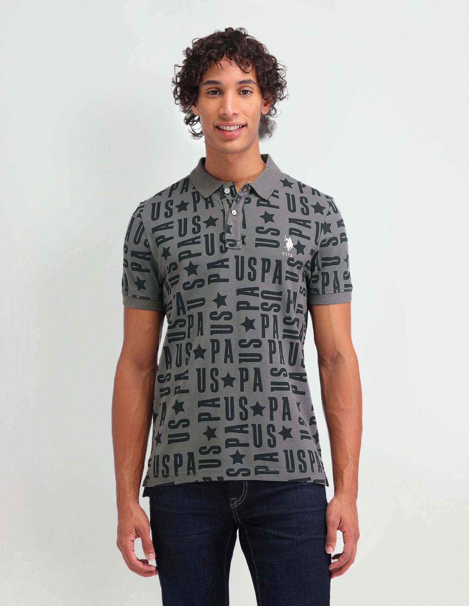 All Over Printed Muscle Fit Polo Shirt Grey - U.S. Polo Assn. India | Large