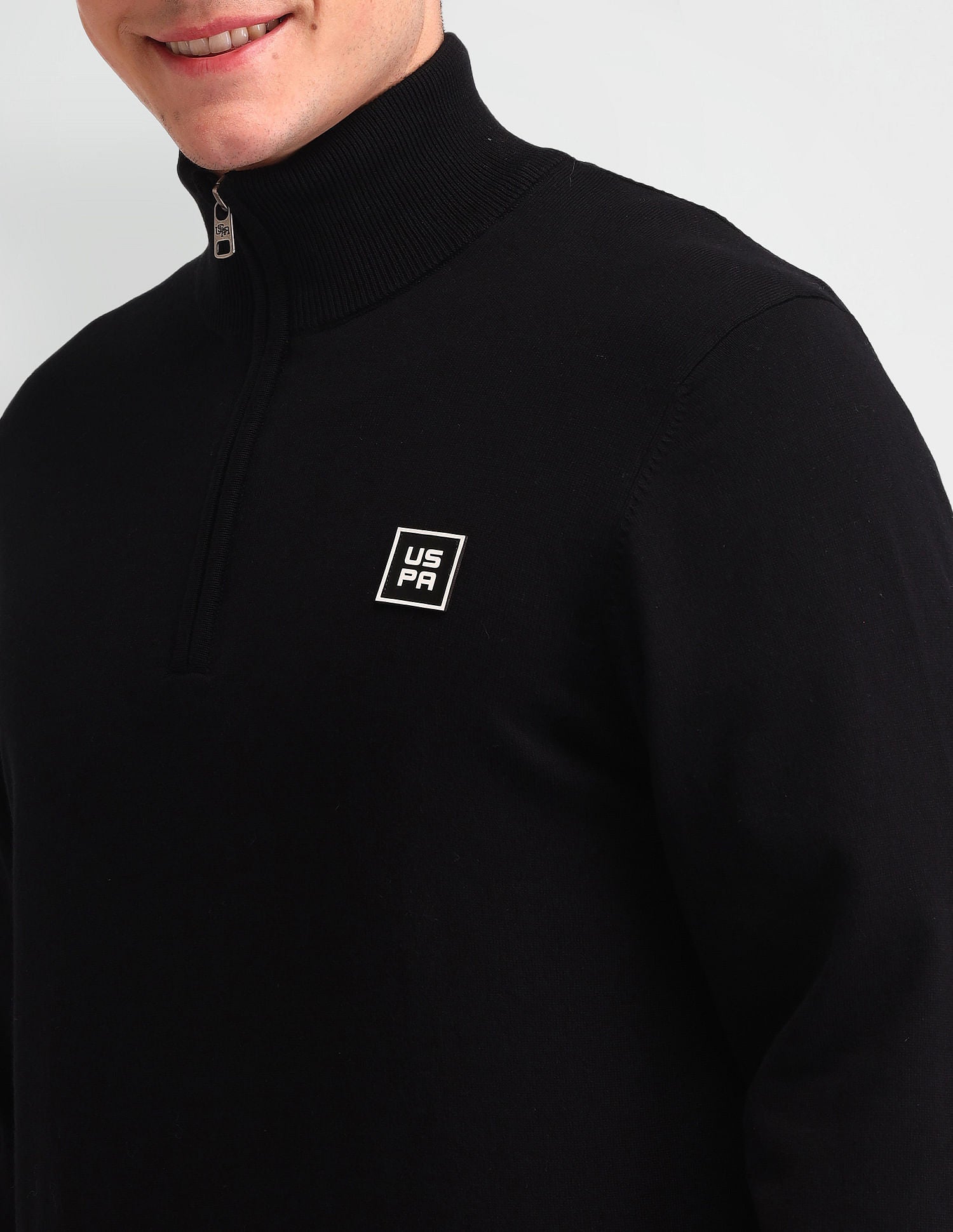 Half Zipper Solid Sweater Black - U.S. Polo Assn. India | Large