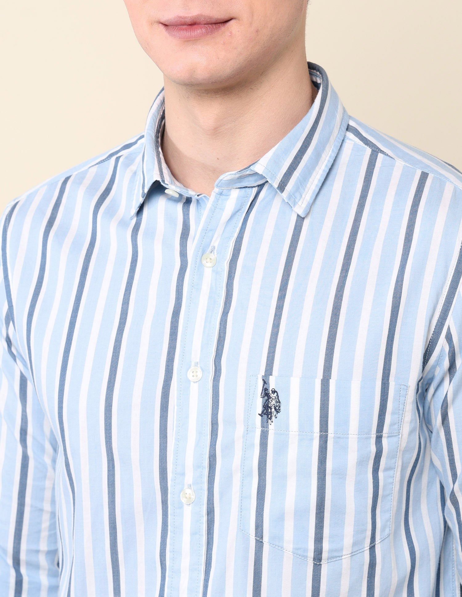 Vertical Striped Pure Cotton Shirt Light Blue - U.S. Polo Assn. India | Large