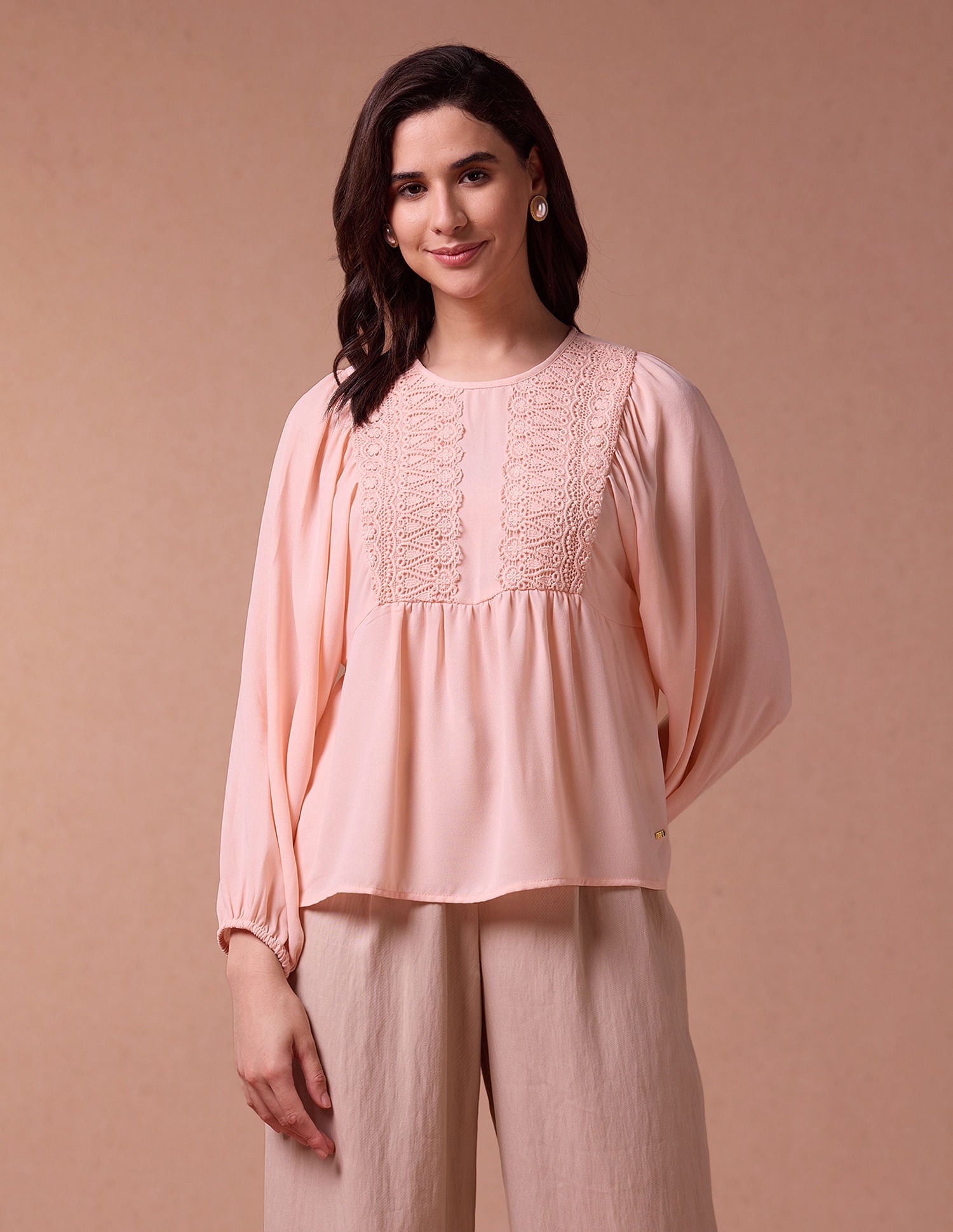 Loose Fit Lace Yoke Top Peach - U.S. POLO ASSN. | Large