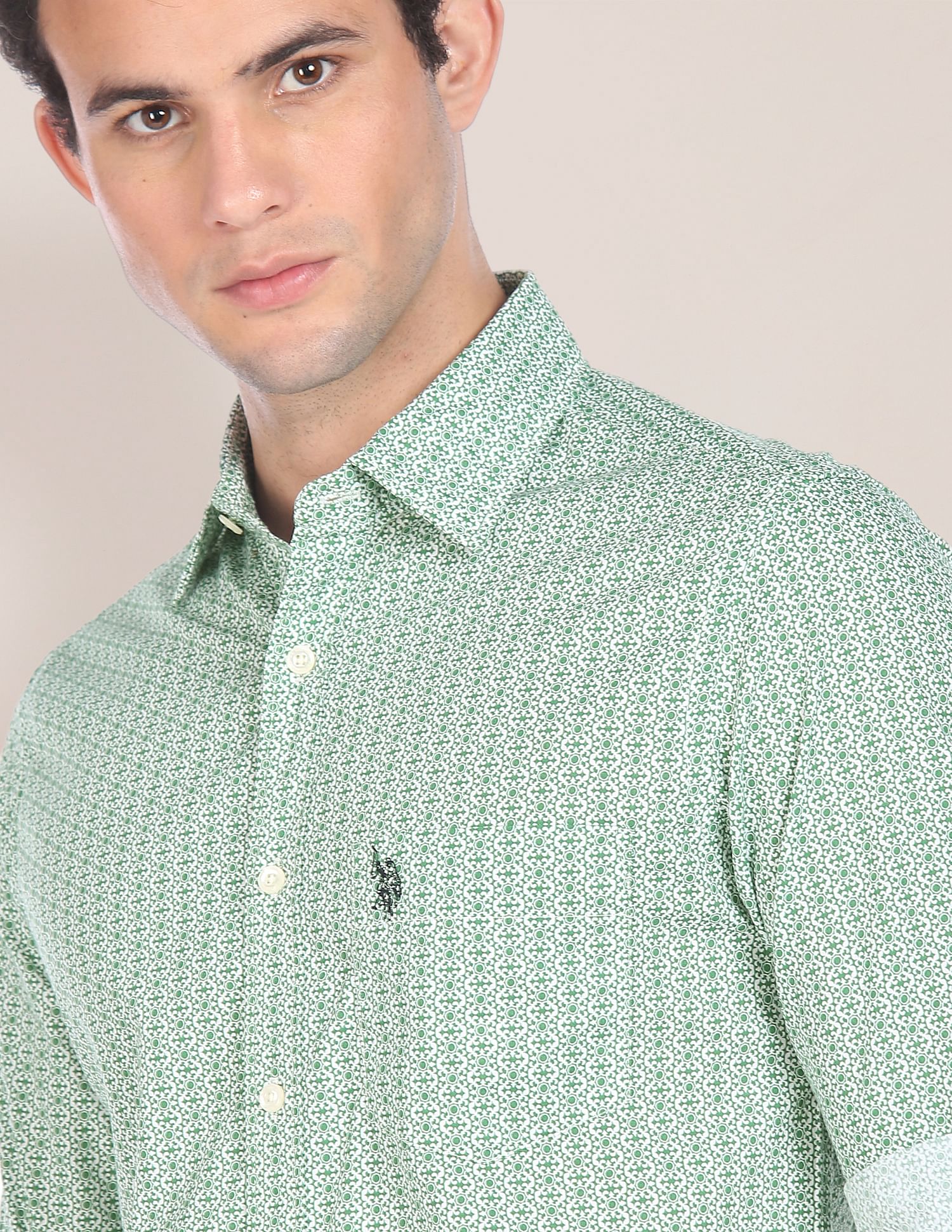 Men Green Spread Collar Printed Casual Shirt Green - U.S. POLO ASSN. | Large