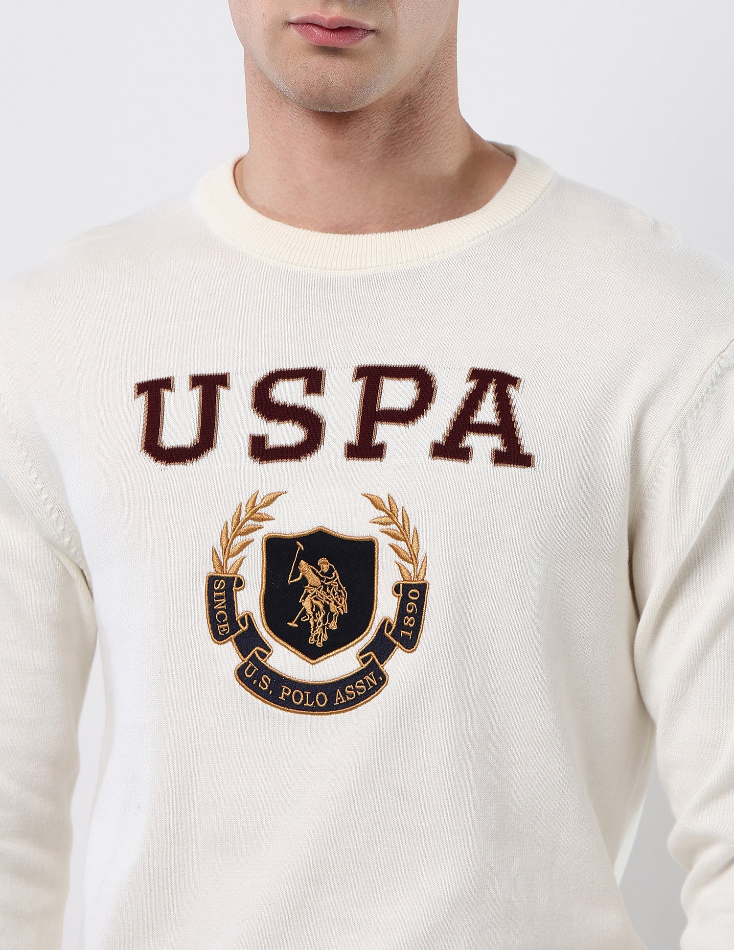 Brand Embroidered Patterned Knit Sweater Off White - U.S. POLO ASSN. | Large