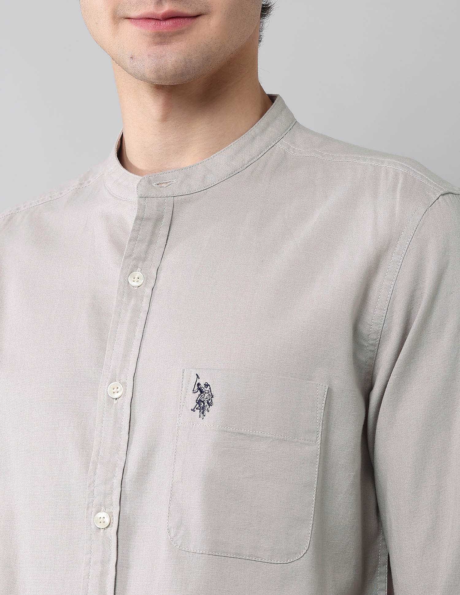 Solid Slub Mandarin Collar Shirt Grey - U.S. Polo Assn. India | Large