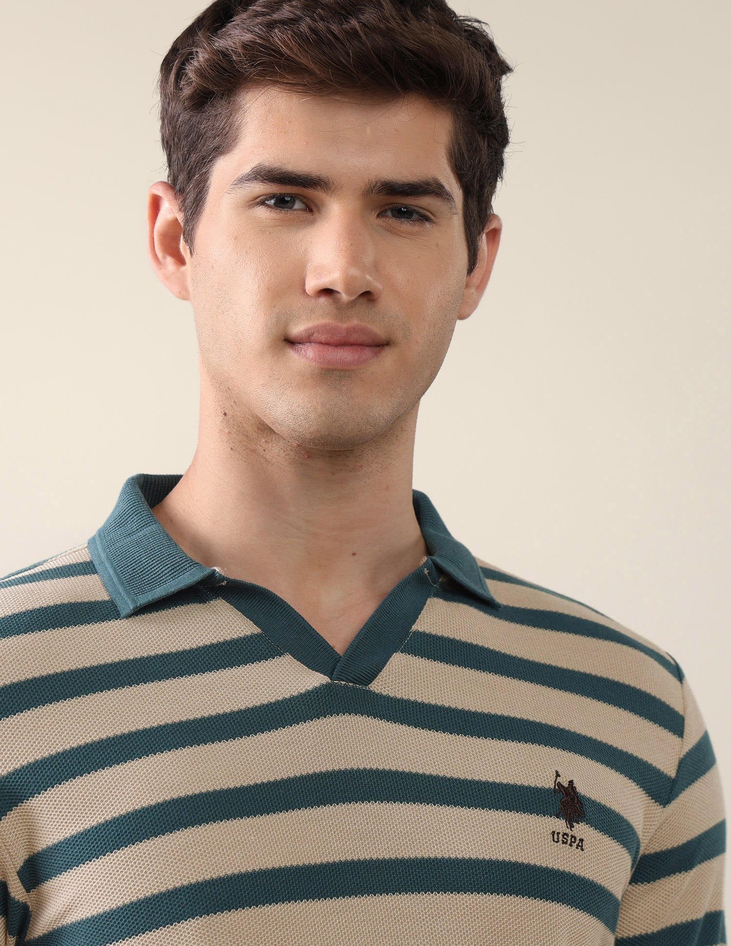 Horizontal Striped Slim Fit Polo Shirt Beige - U.S. Polo Assn. India | Large