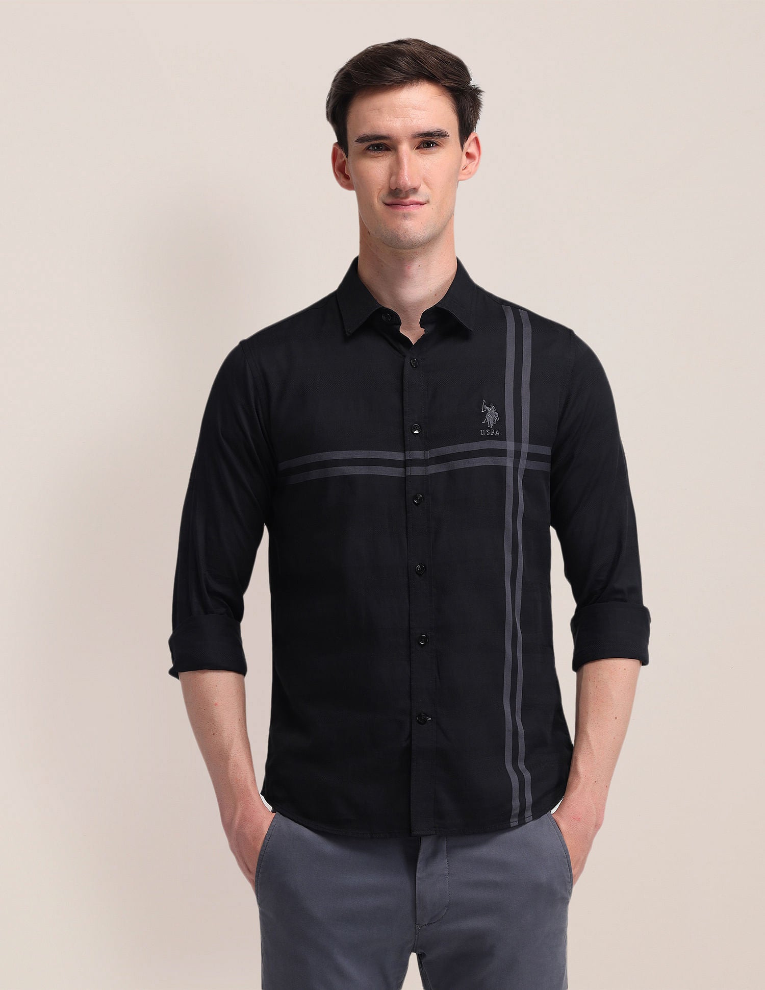 Horizontal Striped Dobby Weave Shirt Black - U.S. Polo Assn. India | Large