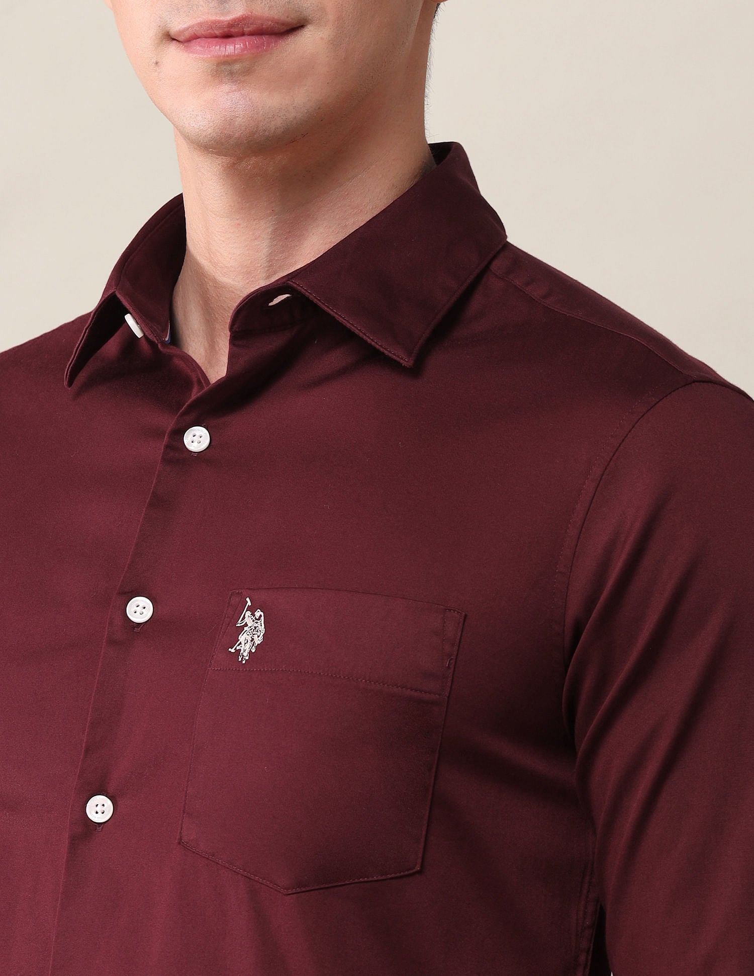 Tailored Fit Twill Solid Shirt Maroon - U.S. Polo Assn. India | Large