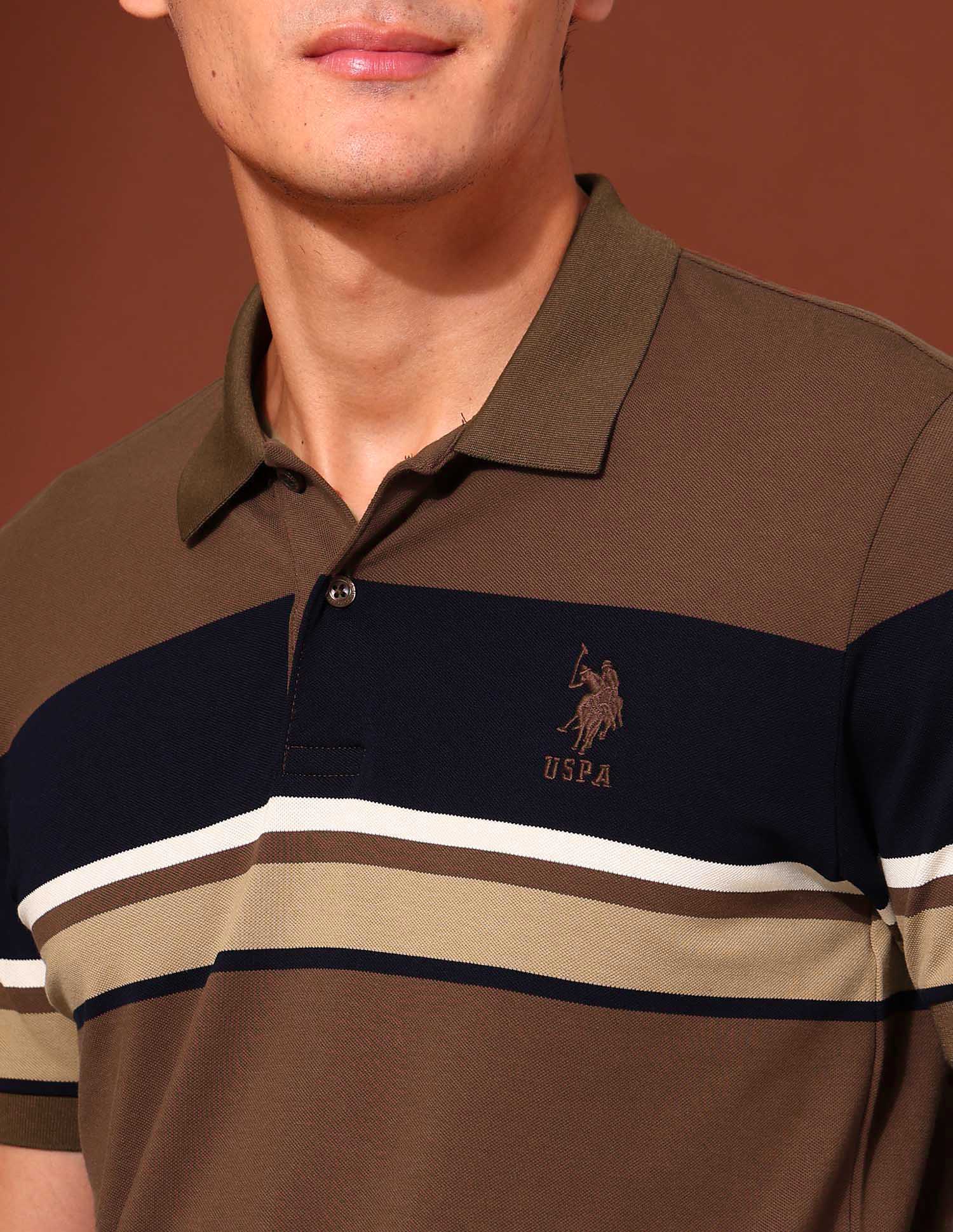Horizontal Striped Slim Fit Varsity Polo Shirt Dark Brown - U.S. Polo Assn. India | Large
